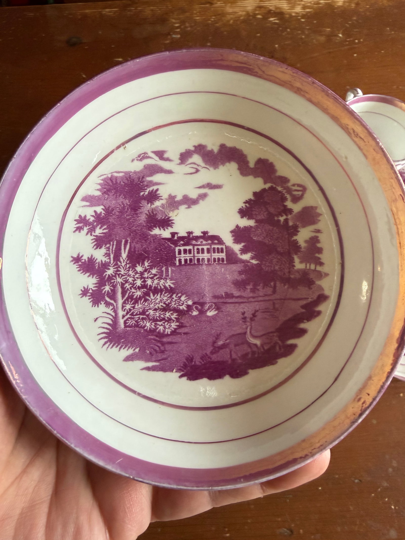 1805 Rare Antique Set of Four Pink Lustre and Bat Printed Pearlware Handled Cups and Saucers, Attrib - 9