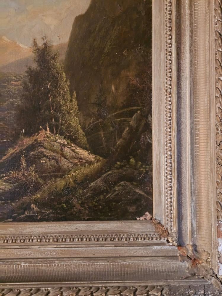 Large Antique Mountain Landscape Painting, Oil on Canvas, C. 1900, Antique Frame - 15