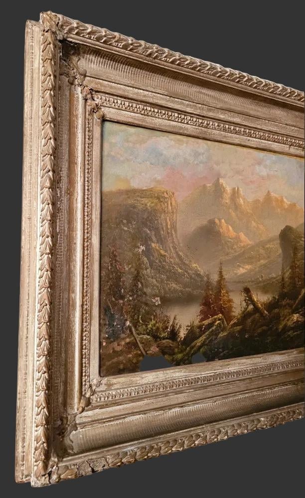 Large Antique Mountain Landscape Painting, Oil on Canvas, C. 1900, Antique Frame - 16
