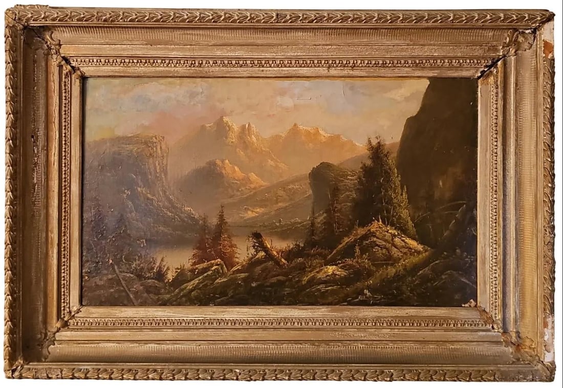 Large Antique Mountain Landscape Painting, Oil on Canvas, C. 1900, Antique Frame - 2