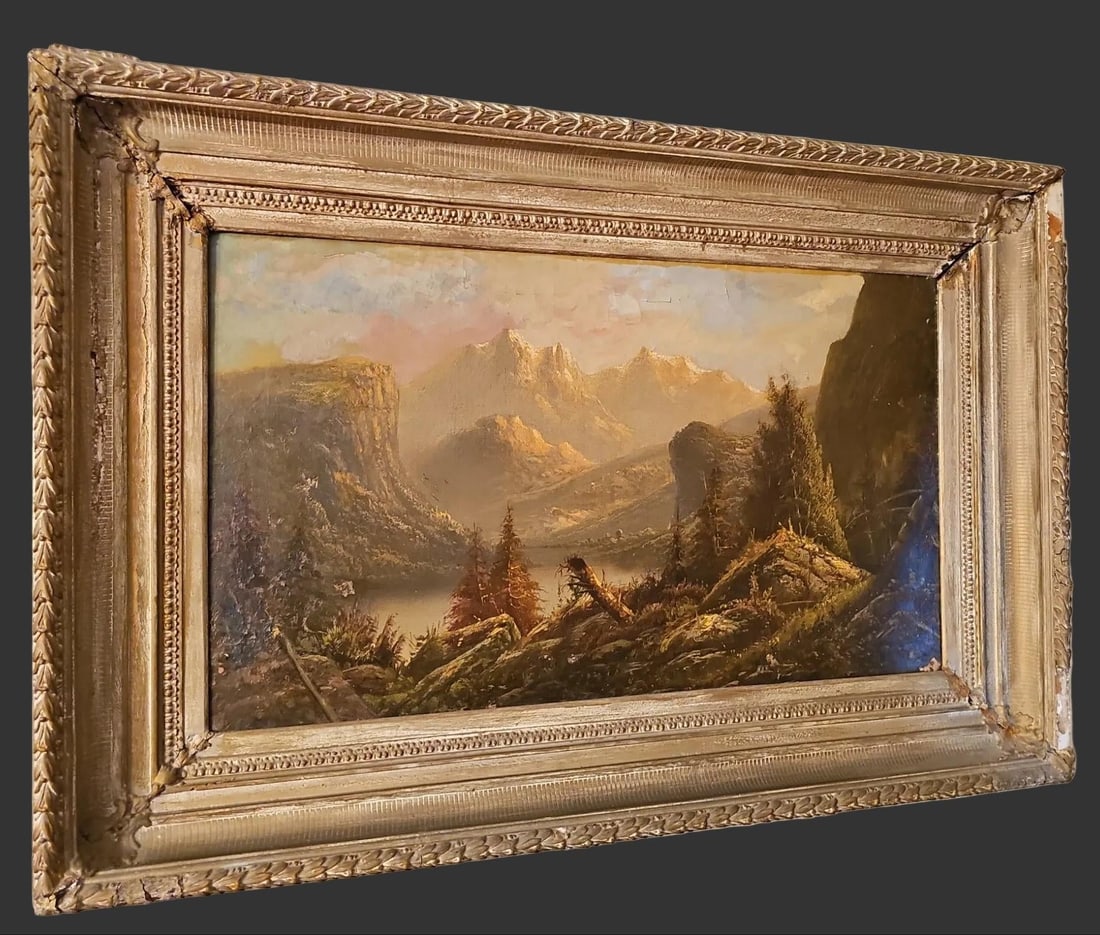 Large Antique Mountain Landscape Painting, Oil on Canvas, C. 1900, Antique Frame - 3