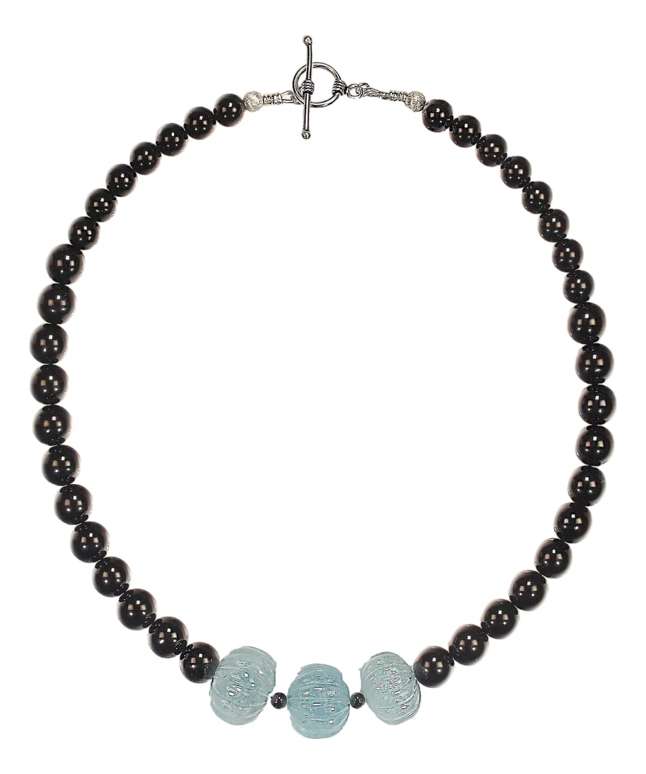 Ajd 18 Inch Elegant Black Onyx Necklace With Hand Carved Aquamarine Accents: This striking 18"‘inch necklace showcases a sophisticated blend of deep, glossy black onyx and the serene, ocean"‘washed beauty of aquamarine. The design features highly polished 10"¯