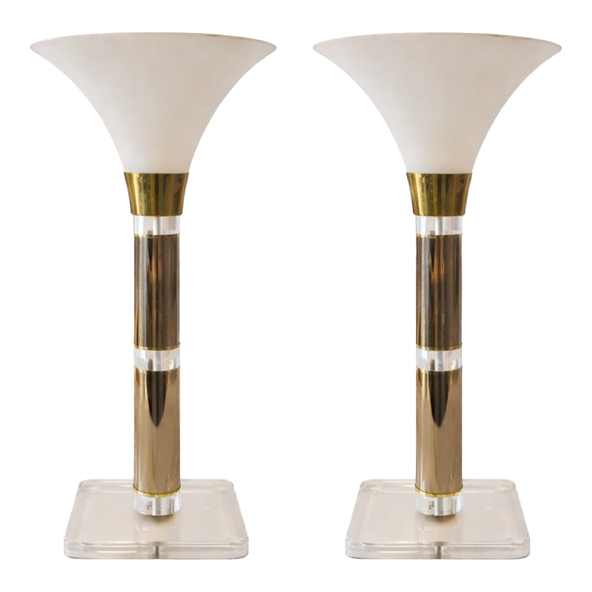 Late 20th Century Art Deco Style Brass & Lucite Table Lamps – Set of 2 | 27" H (1 of 4)