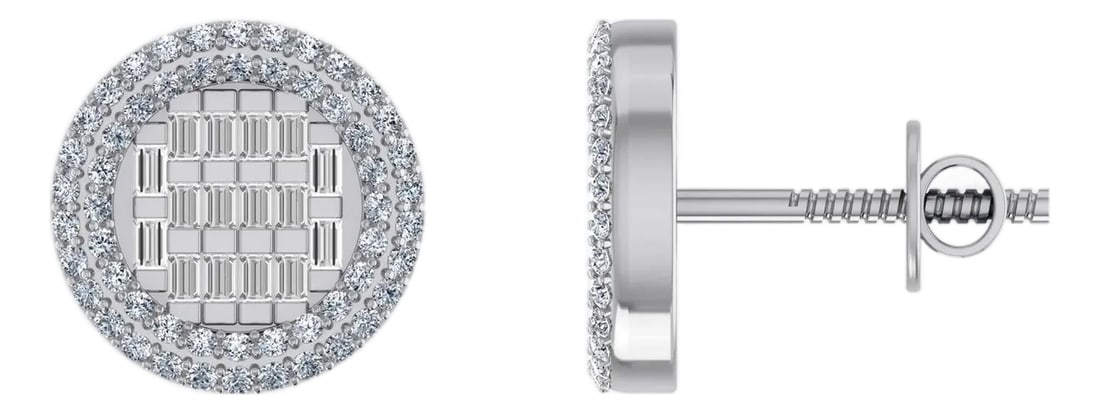10K White Gold Round Baguette Diamond Halo Designer Earring 5/8 Cttw, A Pair: A beautiful pair of diamond halo earrings showcasing a sophisticated combination of round brilliant and baguette-cut natural diamonds. The elegant halo design creates exceptional sparkle and