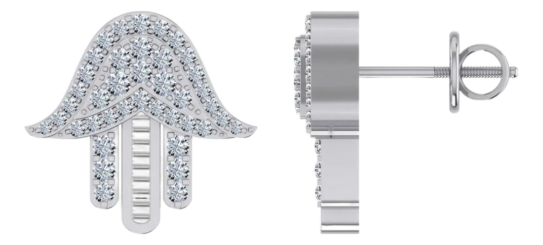10K White Gold Round Diamond Hamsa Hand Religious Stud Earrings 1/4 Cttw, A Pair: This 10K White Gold Round Diamond Hamsa Hand Religious Stud Earrings 1/4 Cttw is a refined diamond ring crafted in premium rose gold and set with brilliant-cut diamonds. Designed for engagements, anni