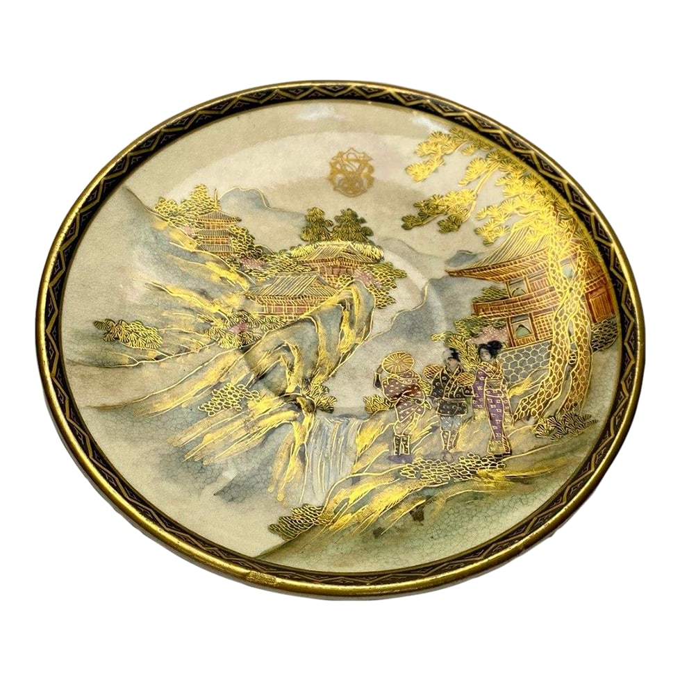 Antique Meiji Period Satsuma Gilt Landscape Plate, Signed KÅten Workshop, Circa 1890: A refined and luminous example of late 19th-century Meiji period Satsuma ware, this small but powerful plate embodies the exquisite balance of delicacy and drama for which Japanese export porcelain be