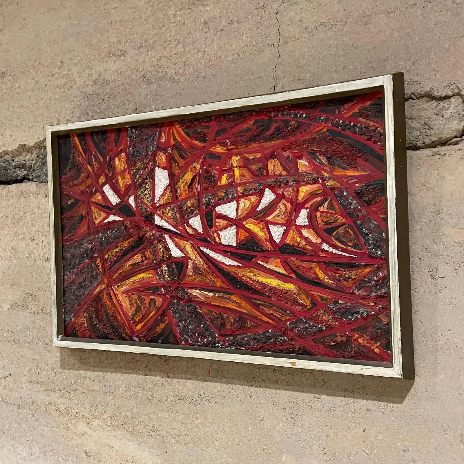 Modern Abstract Oil Painting, Fire Red, Signed, 1966, 19x13 in Mid-Century - 5
