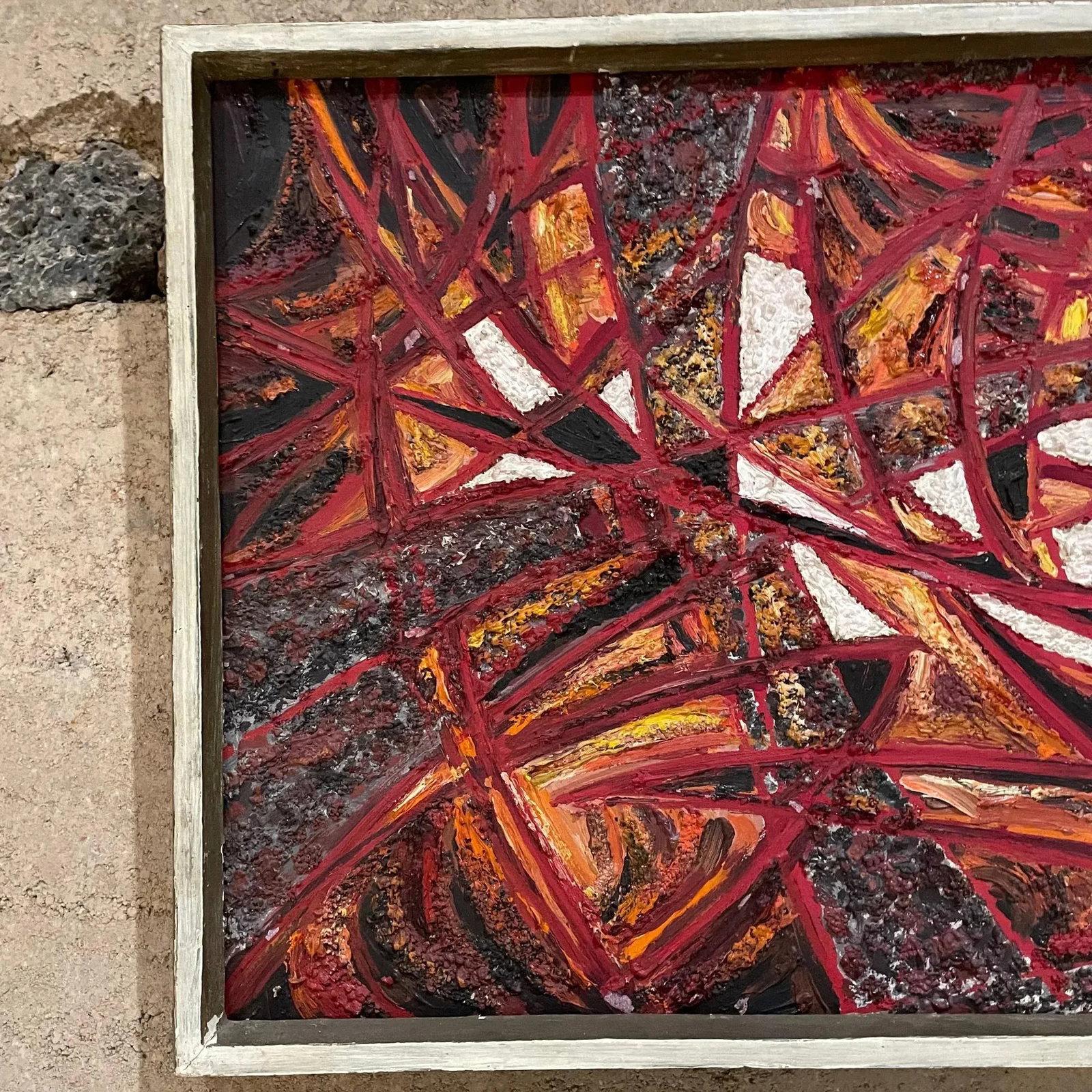 Modern Abstract Oil Painting, Fire Red, Signed, 1966, 19x13 in Mid-Century - 6