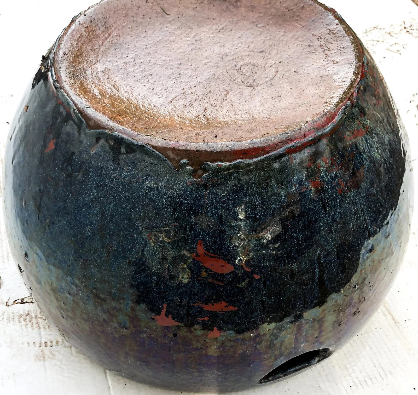 Antique Cobalt Blue Glazed Water Jar Planter - 12