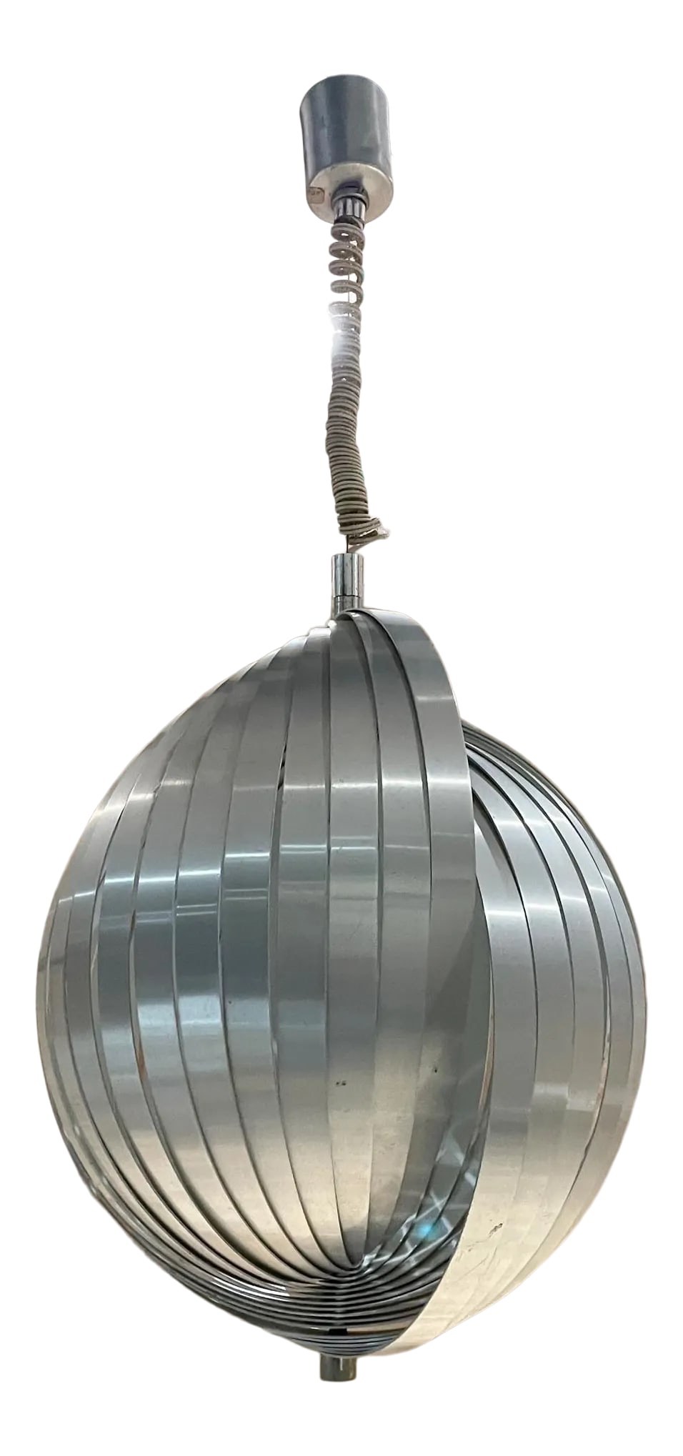 1970s Henri Mathieu French Space Age Silver Moon Pendant Lamp: AMBIANIC presents Pendant Lamp From France sculptural vintage by Henri Mathieu Aluminum spiral shaped moon hanging Lamp Pendant Light Silver Space Age 1970s 20 h x 14 diameter inches Original