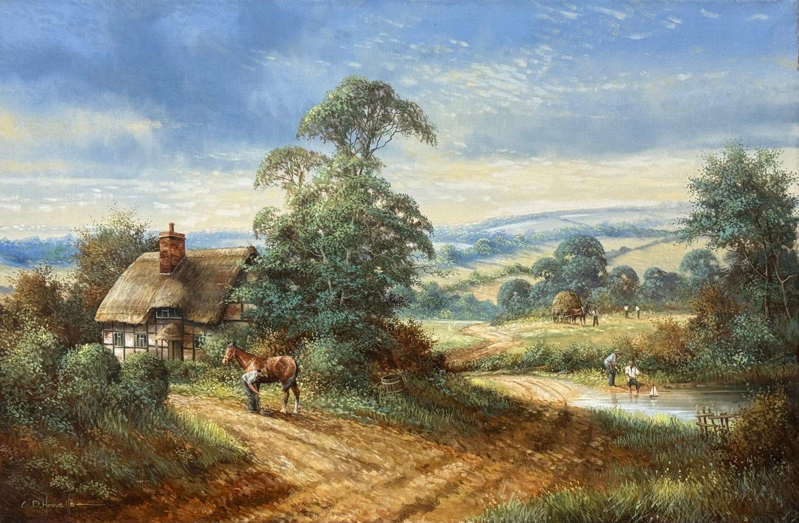 Rural Scene with Horses, Farm Workers & Thatched Cottage in English Countryside 1980 Circa - 12