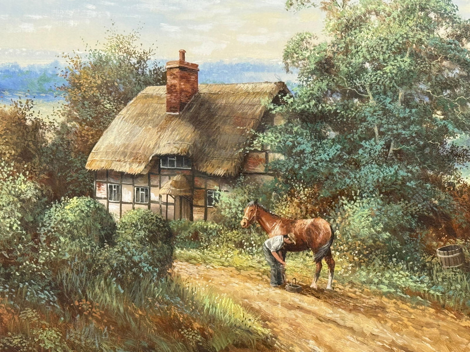 Rural Scene with Horses, Farm Workers & Thatched Cottage in English Countryside 1980 Circa - 14