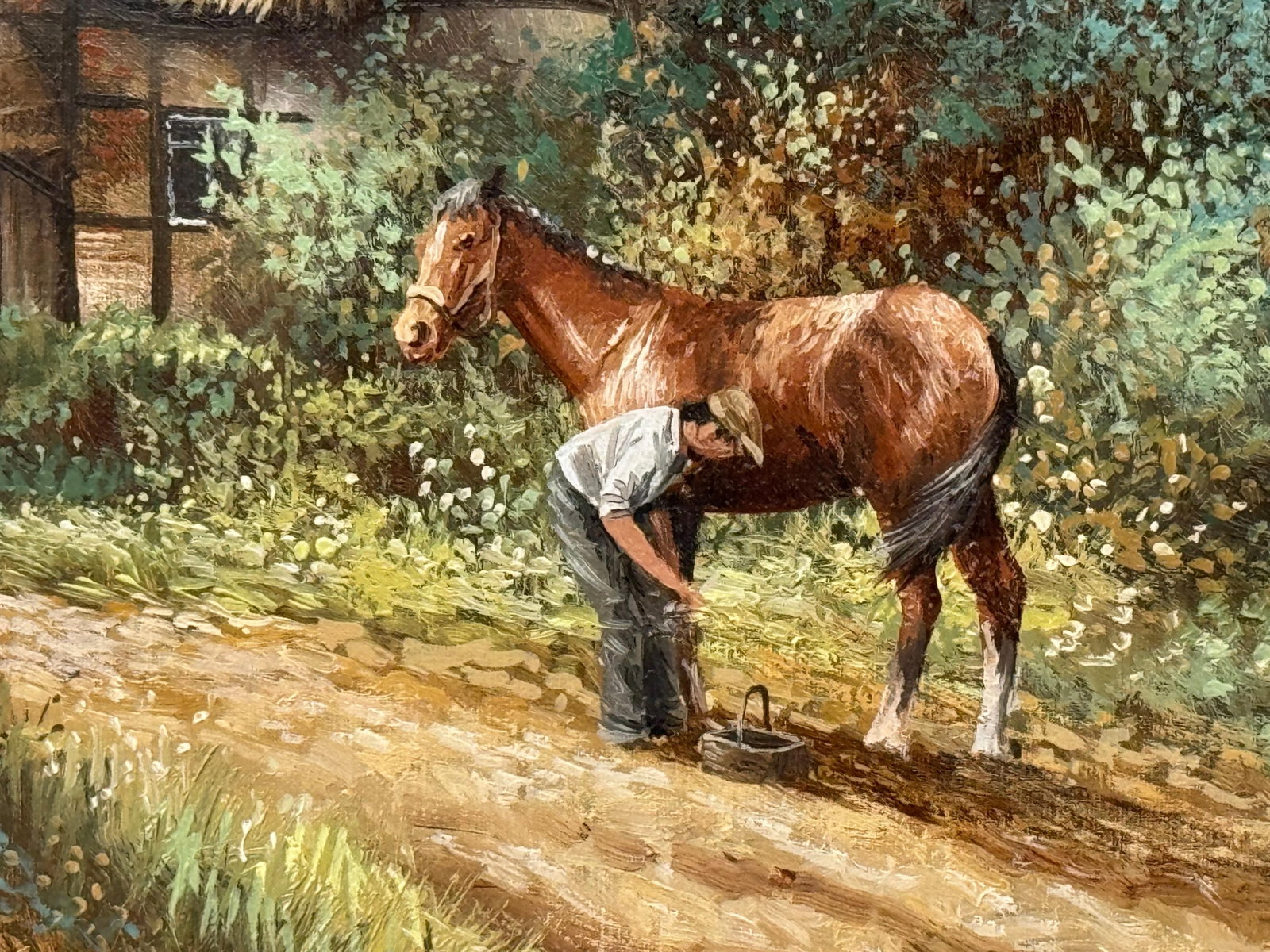 Rural Scene with Horses, Farm Workers & Thatched Cottage in English Countryside 1980 Circa - 16
