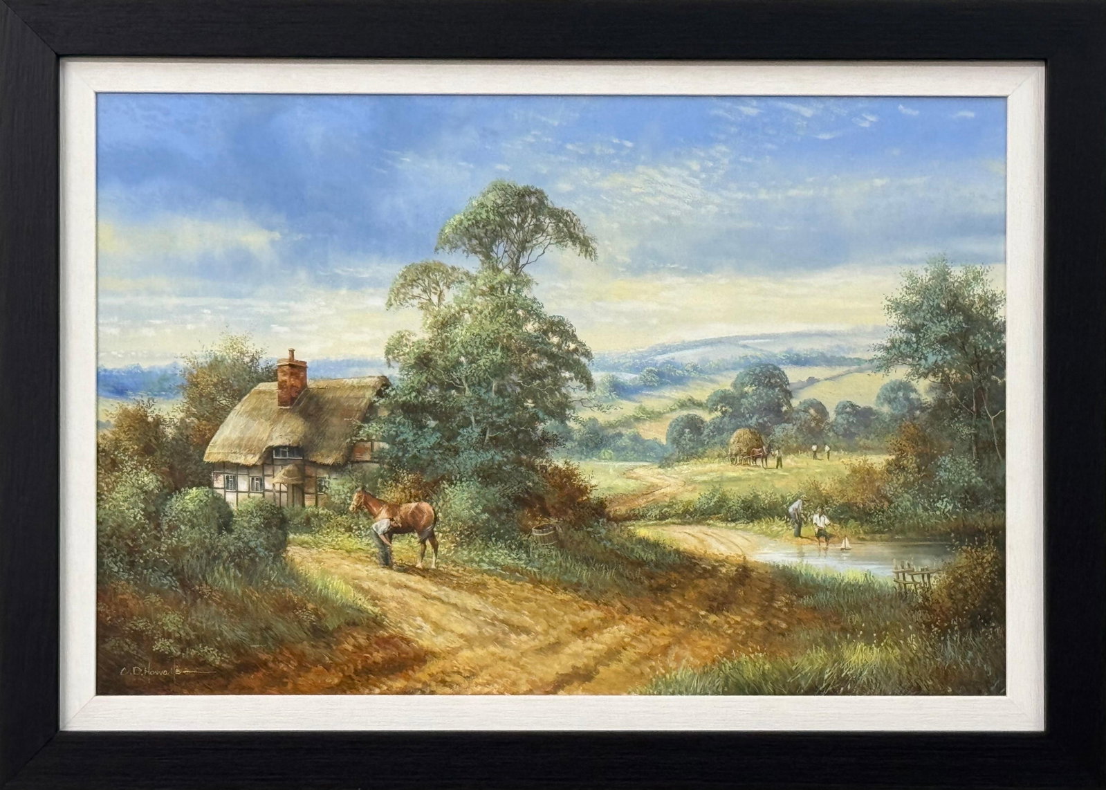 Rural Scene with Horses, Farm Workers & Thatched Cottage in English Countryside 1980 Circa: Rural Scene with Horses, Farm Workers & Thatched Cottage in the English Countryside by British Artist, Chris Howells (1947-2013) Art measures 24 x 16 inches Rural Landscape showing a man caring for