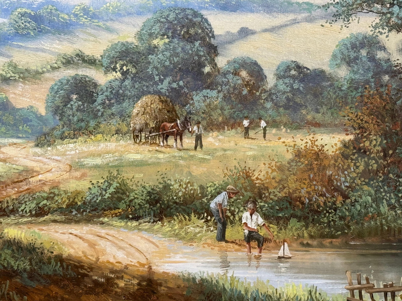 Rural Scene with Horses, Farm Workers & Thatched Cottage in English Countryside 1980 Circa - 3