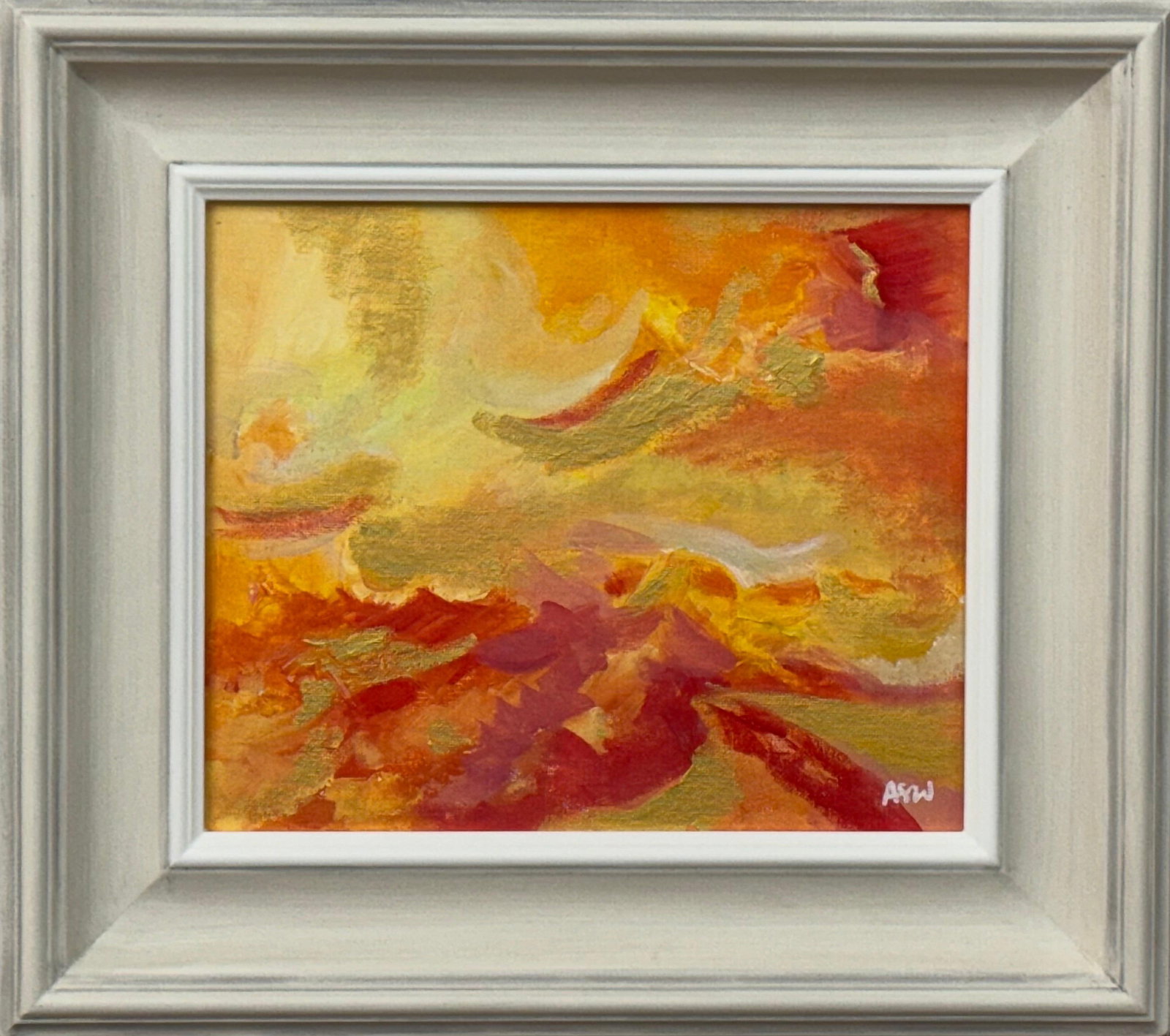 Abstract Expressionism using Red, Orange, Yellow & Gold by Contemporary Artist 2025: Abstract Expressionism using Red, Orange, Yellow & Gold by Contemporary British Artist, Angela Wakefield. Art measures 12 x 10 inches Frame measure 18 x 16 inches Angela Wakefield has twice been on