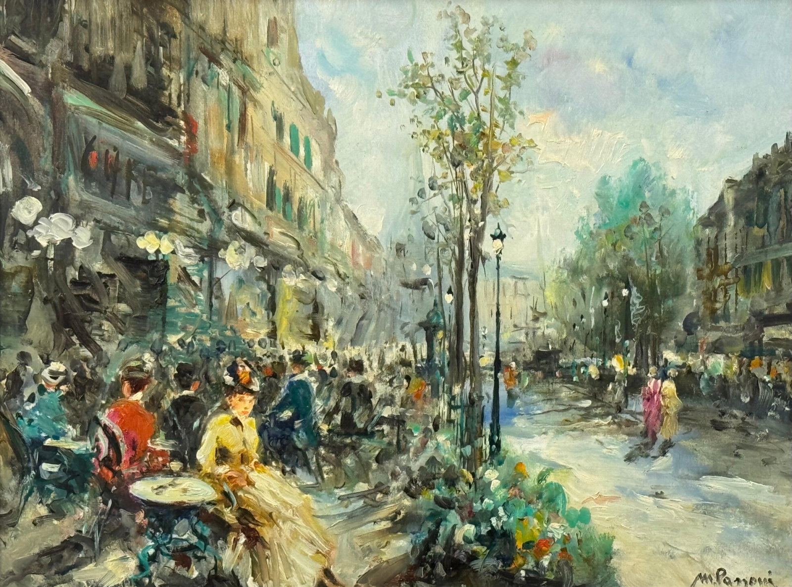 Parisian Café Terrace Street Street with Figures 20th Century Post-Impressionism 1975 Circa - 12