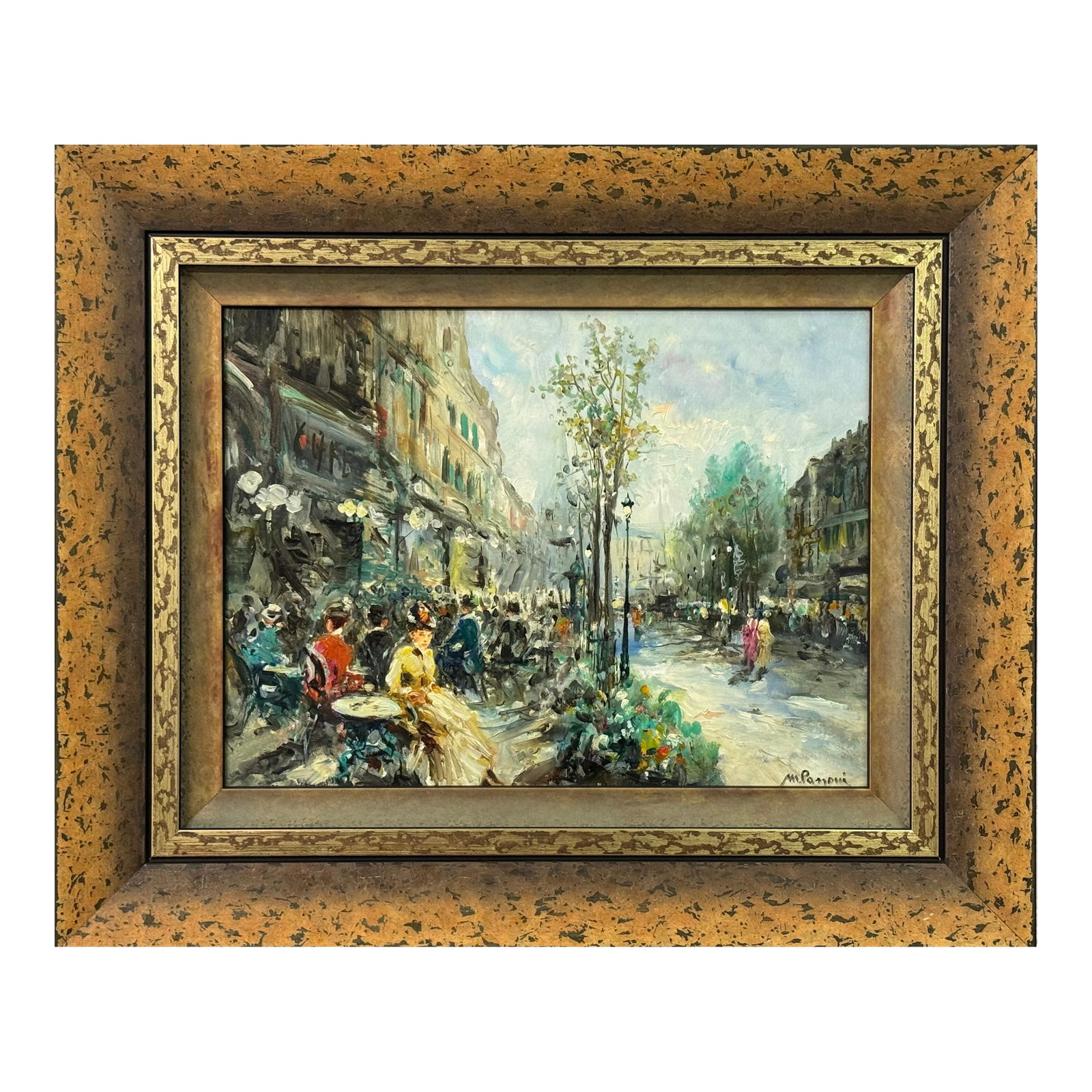 Parisian Café Terrace Street Street with Figures 20th Century Post-Impressionism 1975 Circa: Parisian Café Terrace Street Street with Figures 20th Century Post-Impressionism by Italian Artist, Mario Passoni (Italian, born 1927) Art measures 16 x 12 inches Frame measures 23 x 19 inches A
