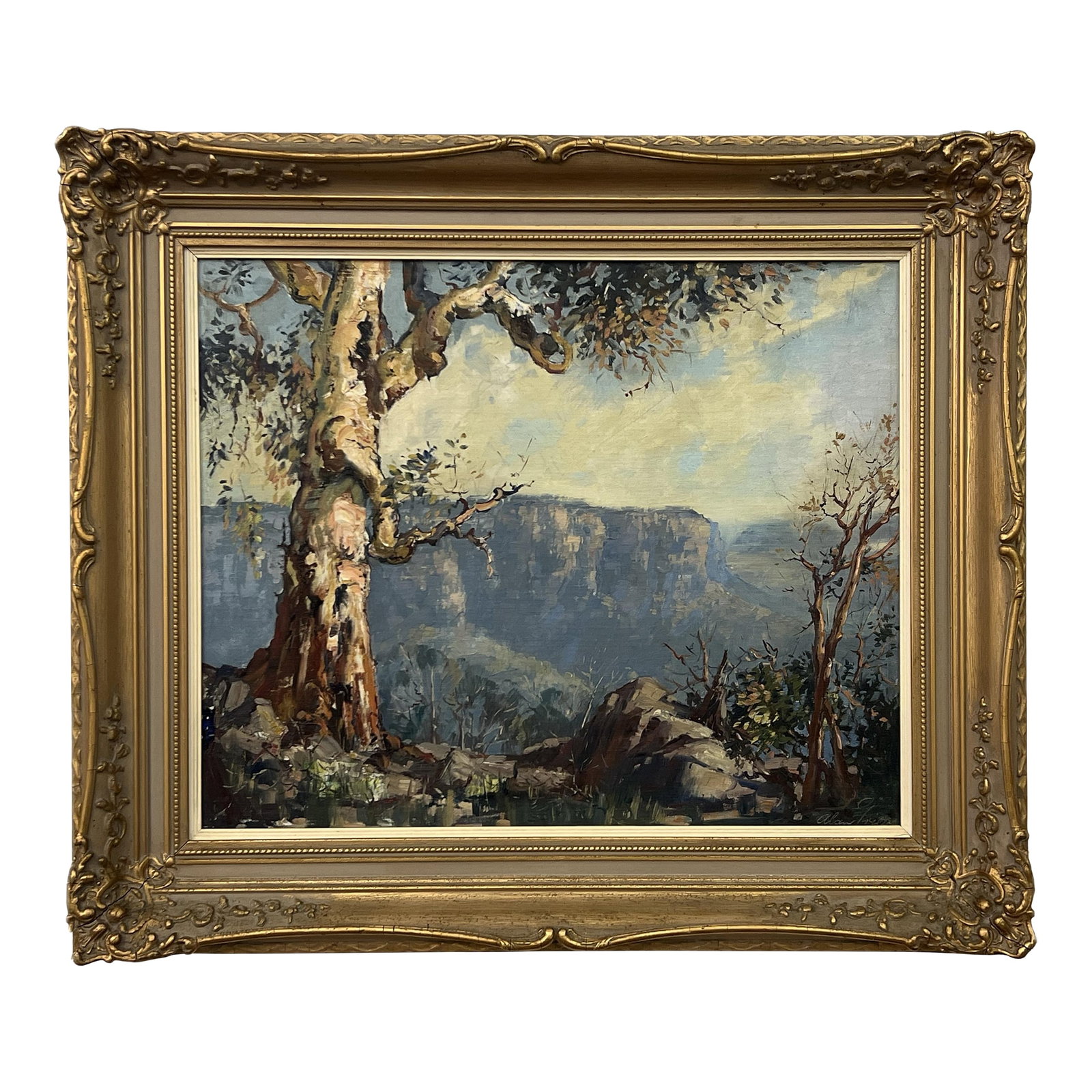 Three Sisters in Blue Mountains, New South Wales Australia by Australian Artist 1962: The Three Sisters in the Blue Mountains of New South Wales, Australia by Australian Artist, Alan Robert Colquhoun Grieve (1910-1970). Art measures 21 x 17 inches Frame measures 28 x 24 inches