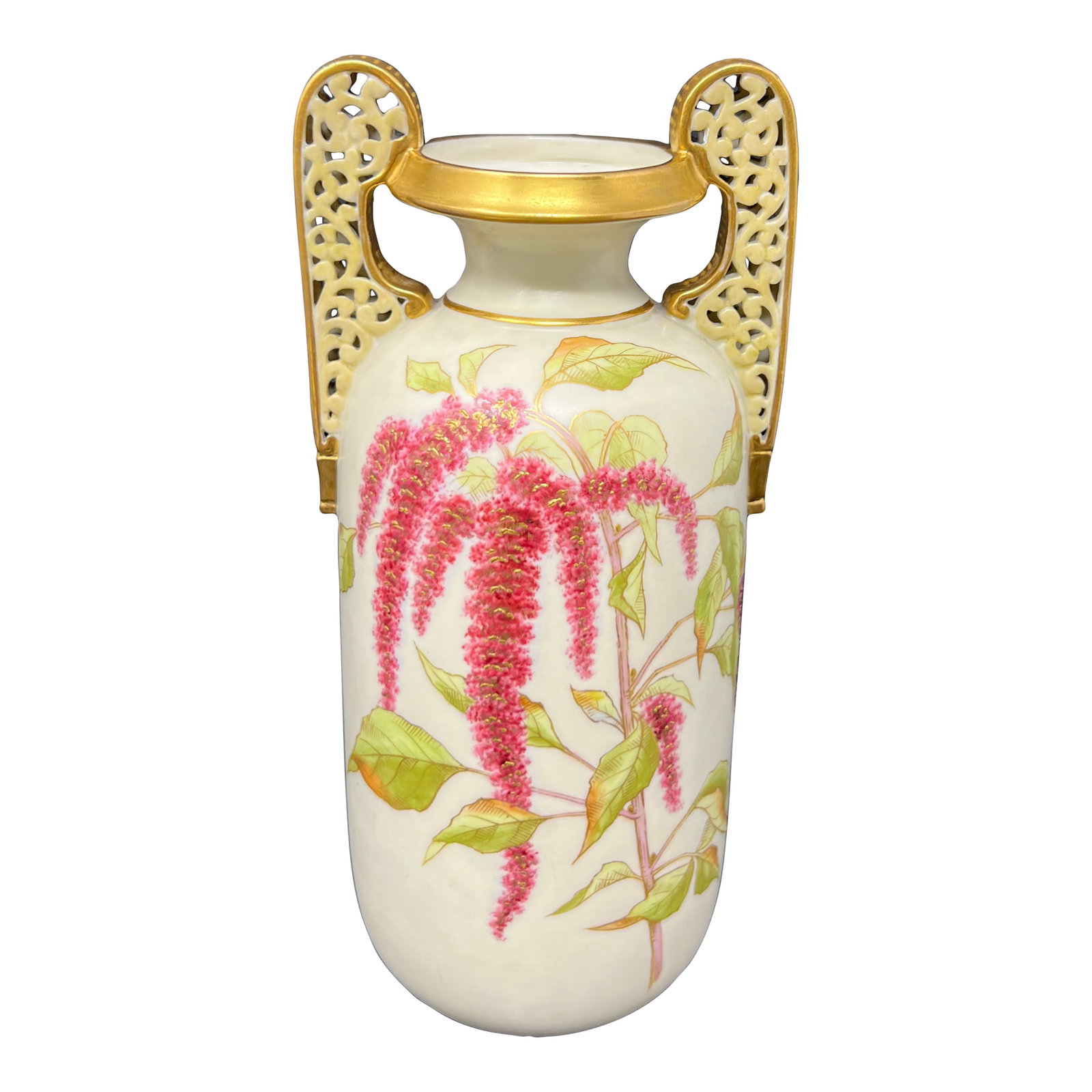Antique Royal Worcester Blush Ivory Porcelain Twin-Handled Aesthetic Movement Vase, England c.1900: Elegant antique English porcelain vase by Royal Worcester, produced at the Royal China Works in Worcester, England circa 1900. The vase features the highly prized blush ivory glaze and hand-painted