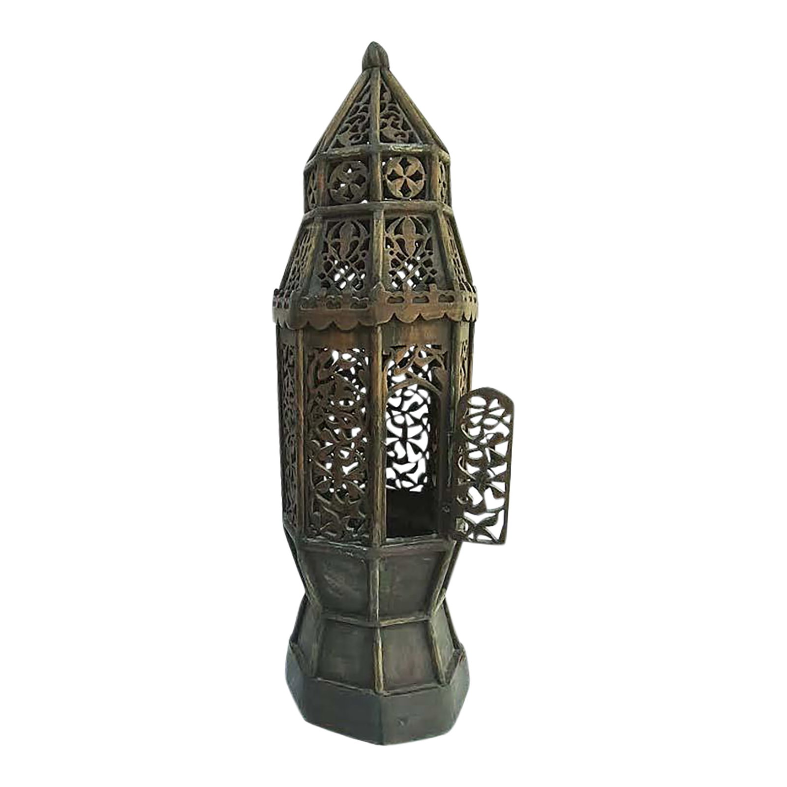 Tall Moroccan Style Carved Wood Standing Candle Cabinet Floor Stand: Moroccan style Candle Holder featuring intricate carved wood construction. Consider wiring for electrical lighting. Photos taken in different lighting Age & origin is estimated Condition: Alterations: