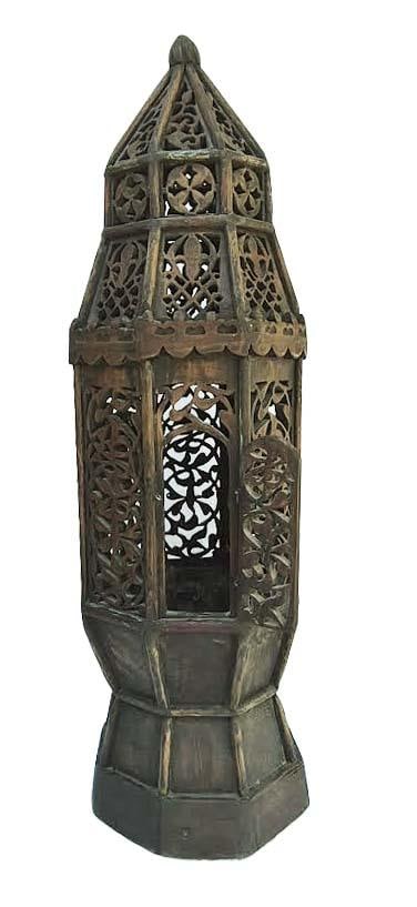 Tall Moroccan Style Carved Wood Standing Candle Cabinet Floor Stand - 2