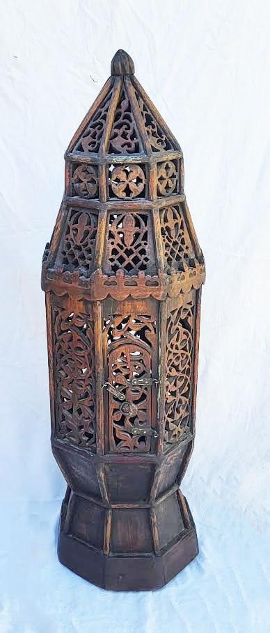 Tall Moroccan Style Carved Wood Standing Candle Cabinet Floor Stand - 3