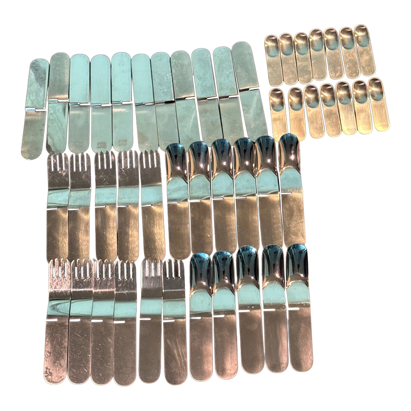 1970s Villeroy & Boch Modernist Flatware Utensils Set - 47 Pieces: This Rare modernist and avant garden Villeroy & Boch service stainless steel flatware set was made in West Germany in 1971 It is hallmarked on the back of each piece. It was part of a collection that