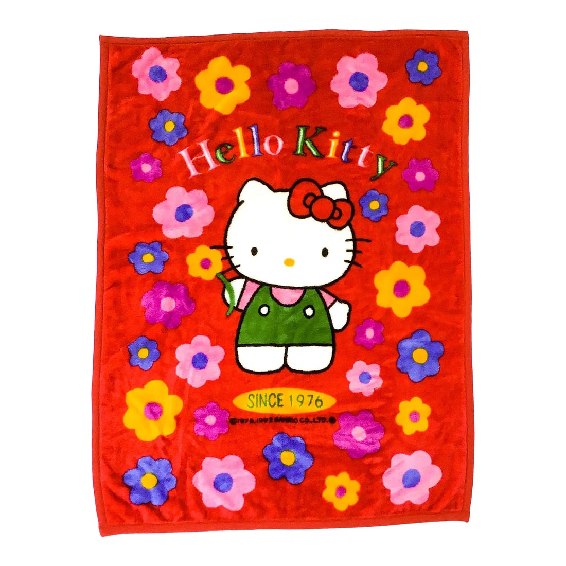 Rare Vintage Bed Coverlet Hello Kitty Japan Origin 1993: Very rare plushy blanket by Hello Kitty was purchased in Tokyo in 1993. This beauty marks the second anniversary of the Hello Kitty brand in 1993. I purchased 2 of these blankets for my twins in
