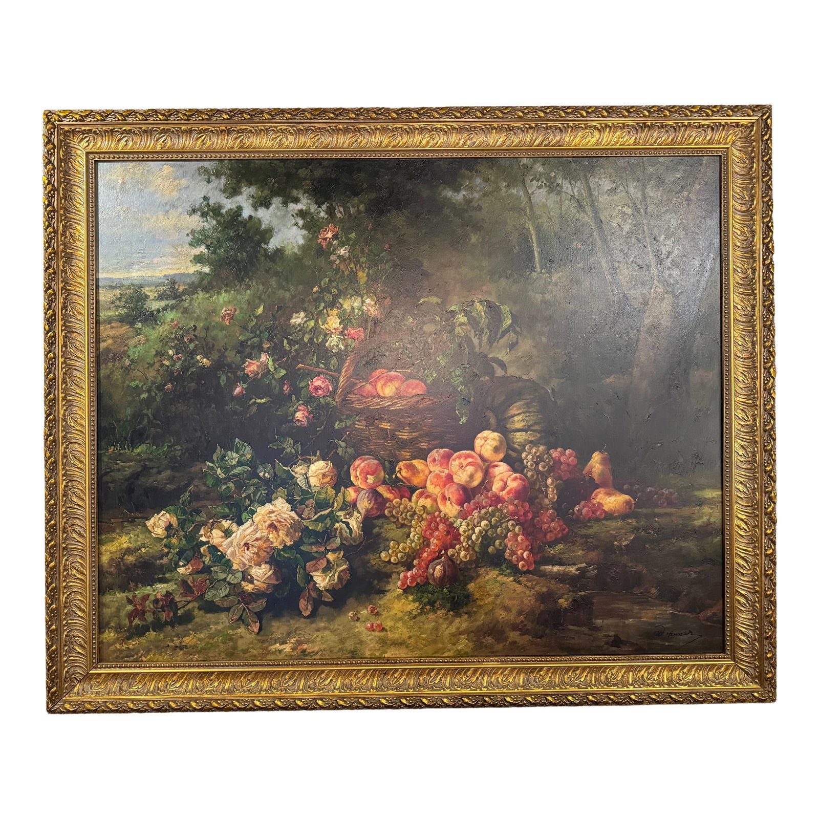 Early 20th Century Monumental Dutch Still Life Oil Painting by W. Honner With Fruit & Roses in Gilt: A monumental early 20th century still life by Dutch artist W. Honner, richly composed with abundant fruit and florals set within an atmospheric European landscape. The composition centers on a woven b