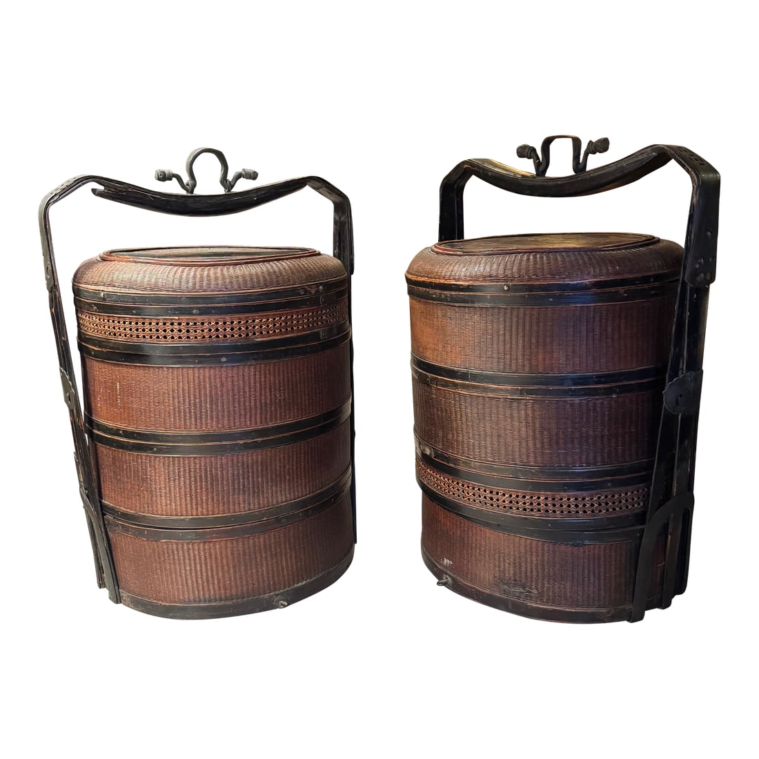 Pair of Antique Chinese Wedding Nesting Baskets in Wicker & Bamboo With Iron Handles: A rare and beautifully preserved pair of antique Chinese wedding nesting baskets, crafted from woven wicker and bamboo and mounted within their original iron carrying frames. Traditionally used for ca