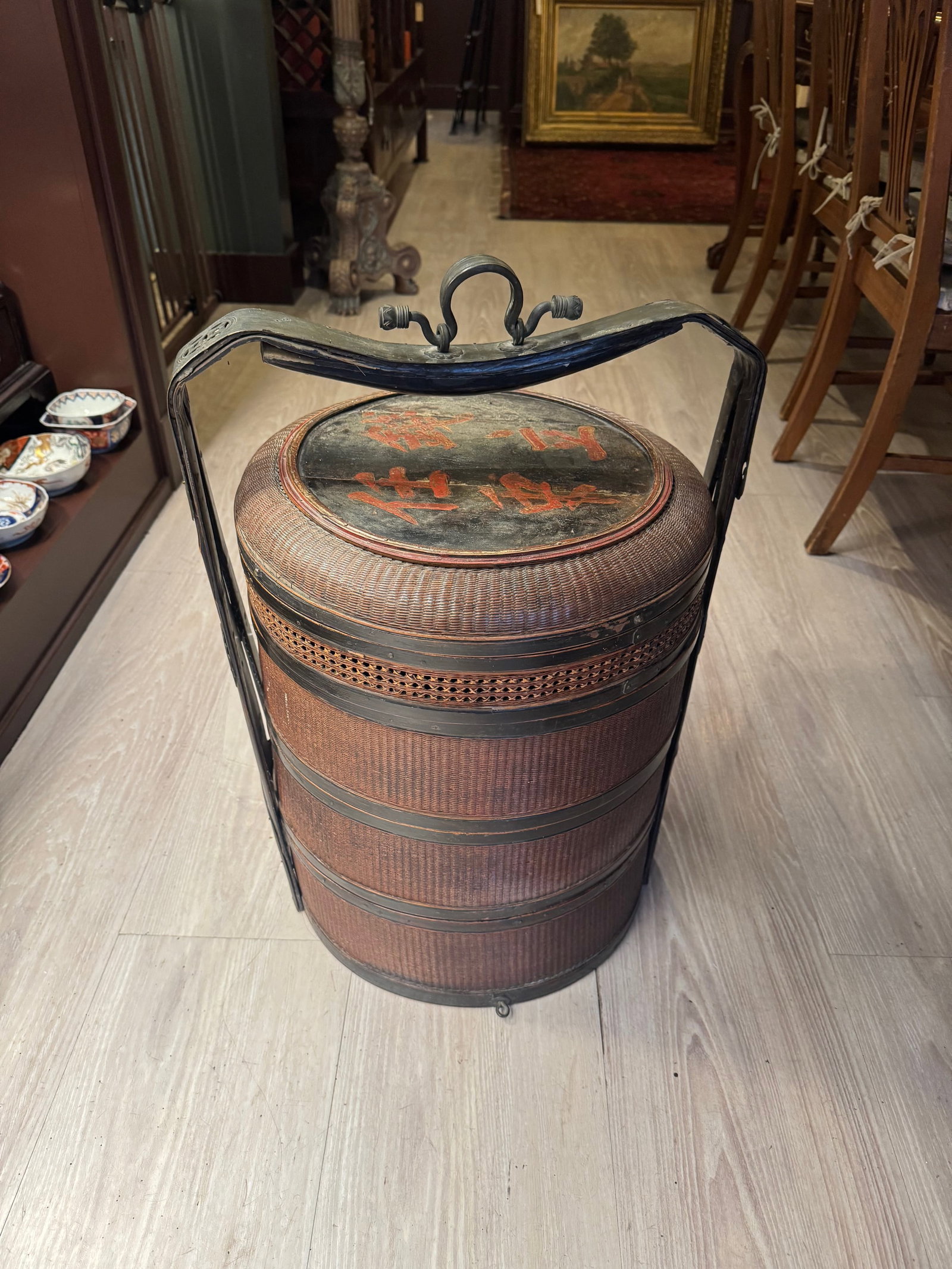 Pair of Antique Chinese Wedding Nesting Baskets in Wicker & Bamboo With Iron Handles - 4