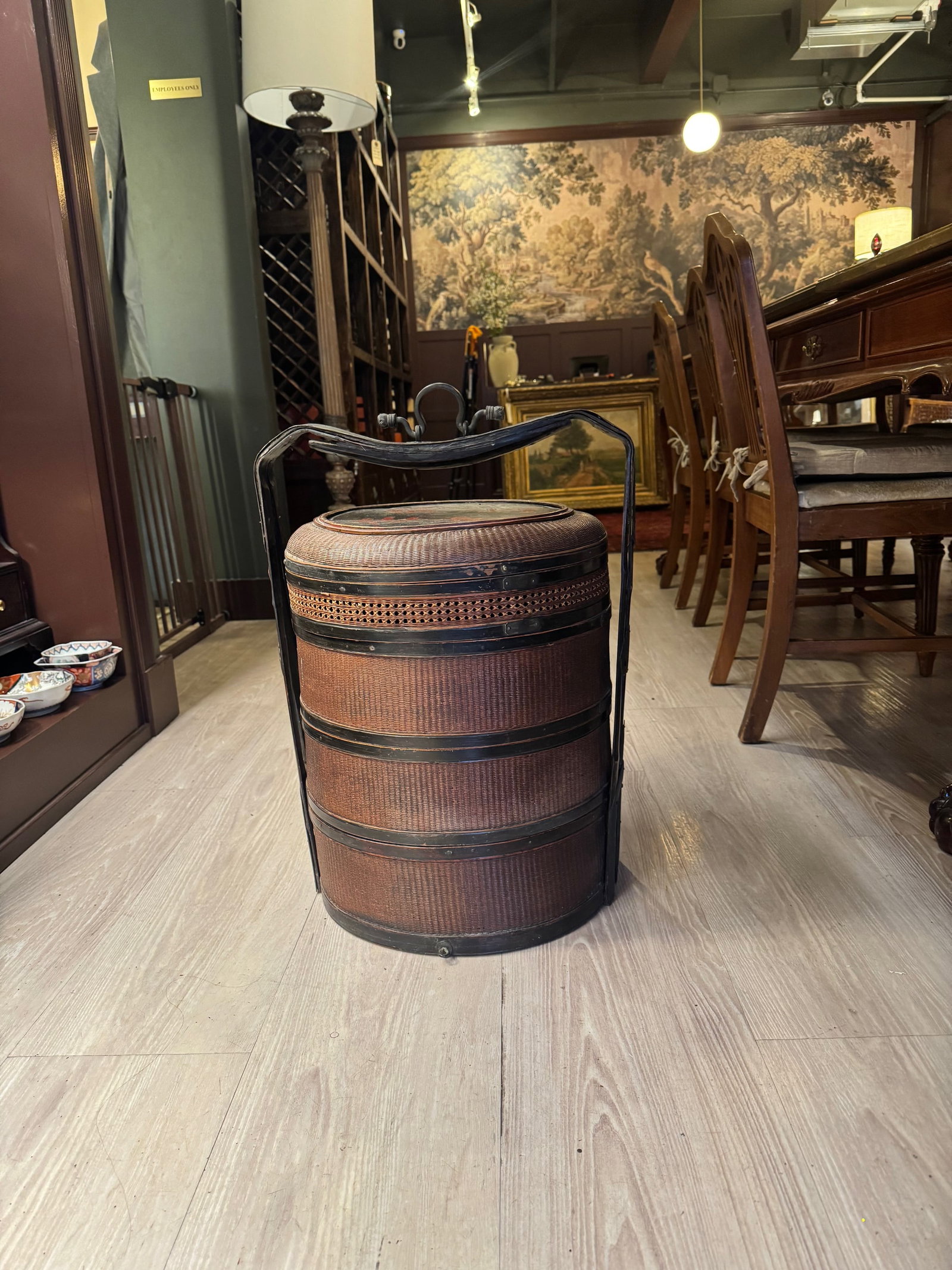 Pair of Antique Chinese Wedding Nesting Baskets in Wicker & Bamboo With Iron Handles - 5