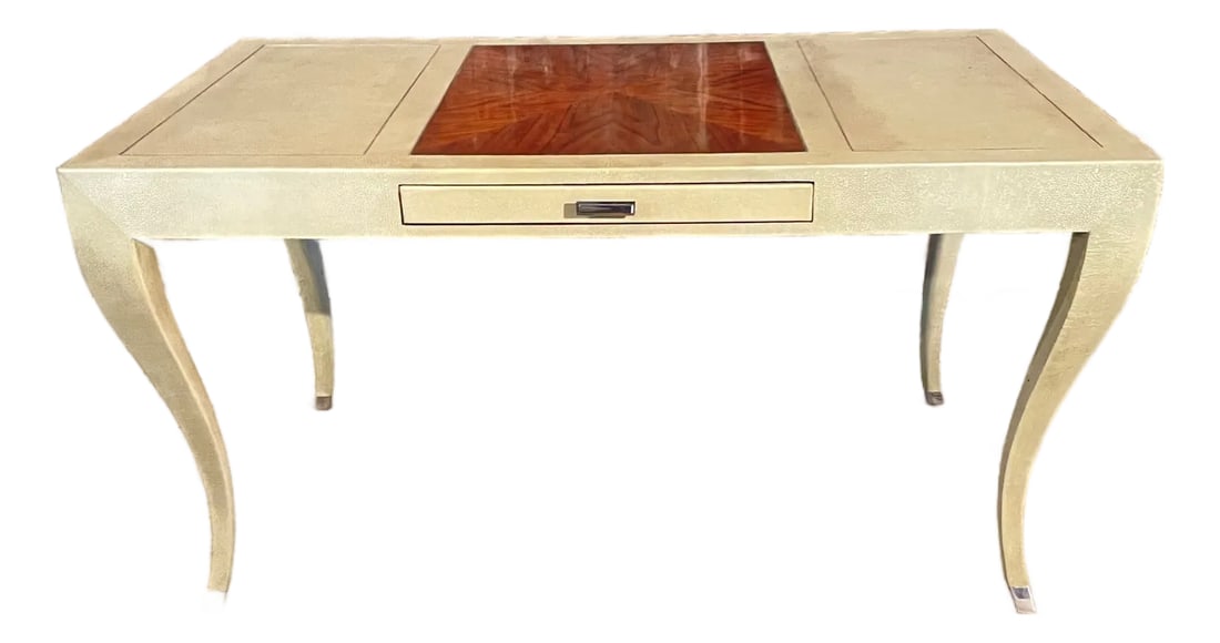 Writing Desk in Faux Shagreen With Walnut Writing Surface.: A contemporary style writing desk covered in imitation shagreen. ( Shagreen is traditionally the textured skin of sharks or sometimes dogfish BUT this desk is covered in an embossed leather designed