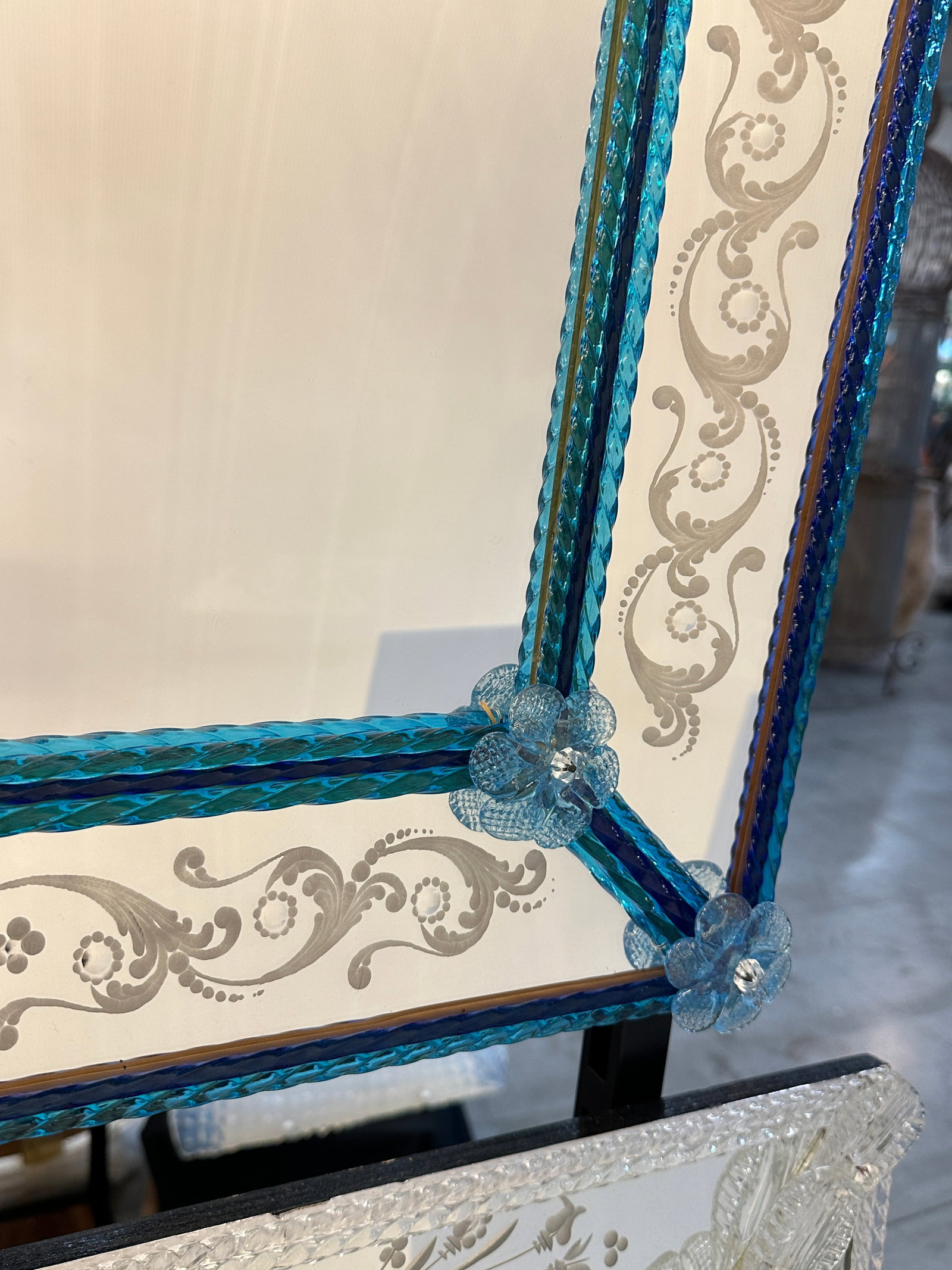 Contemporary Modern Venetian Blue Wall Mirror Hand-Carved in Murano Glass - 4