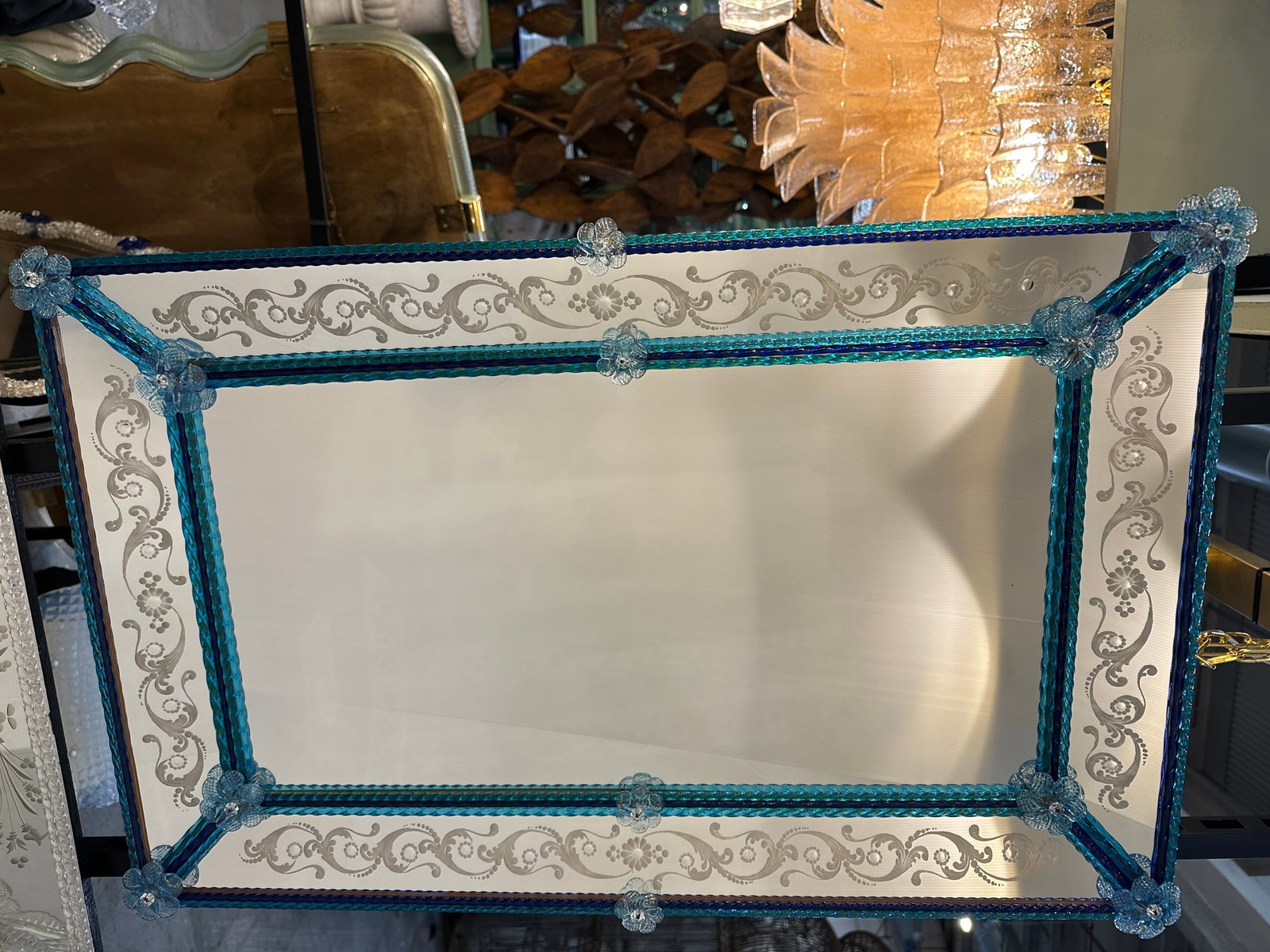 Contemporary Modern Venetian Blue Wall Mirror Hand-Carved in Murano Glass - 5