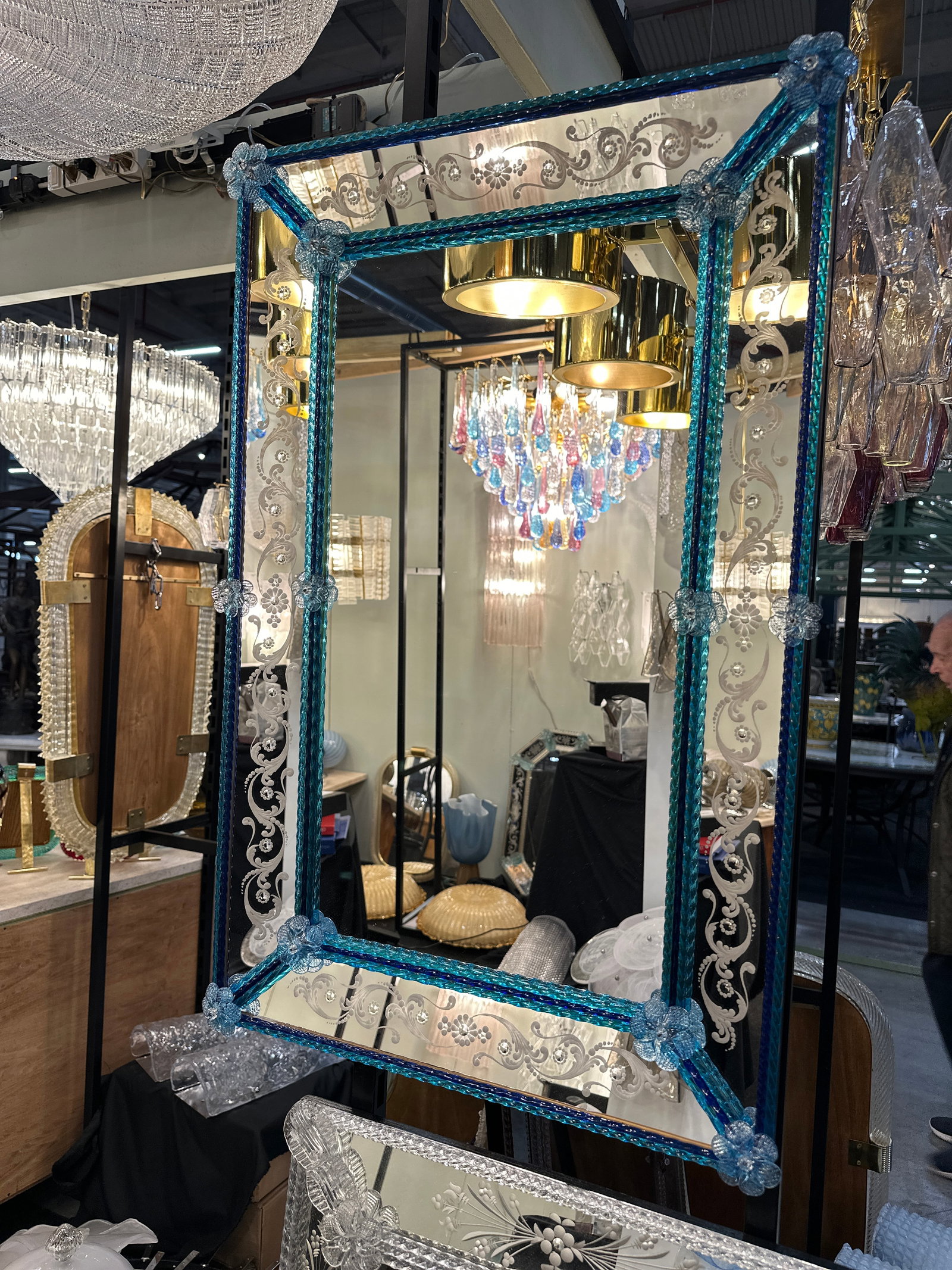 Contemporary Modern Venetian Blue Wall Mirror Hand-Carved in Murano Glass - 7