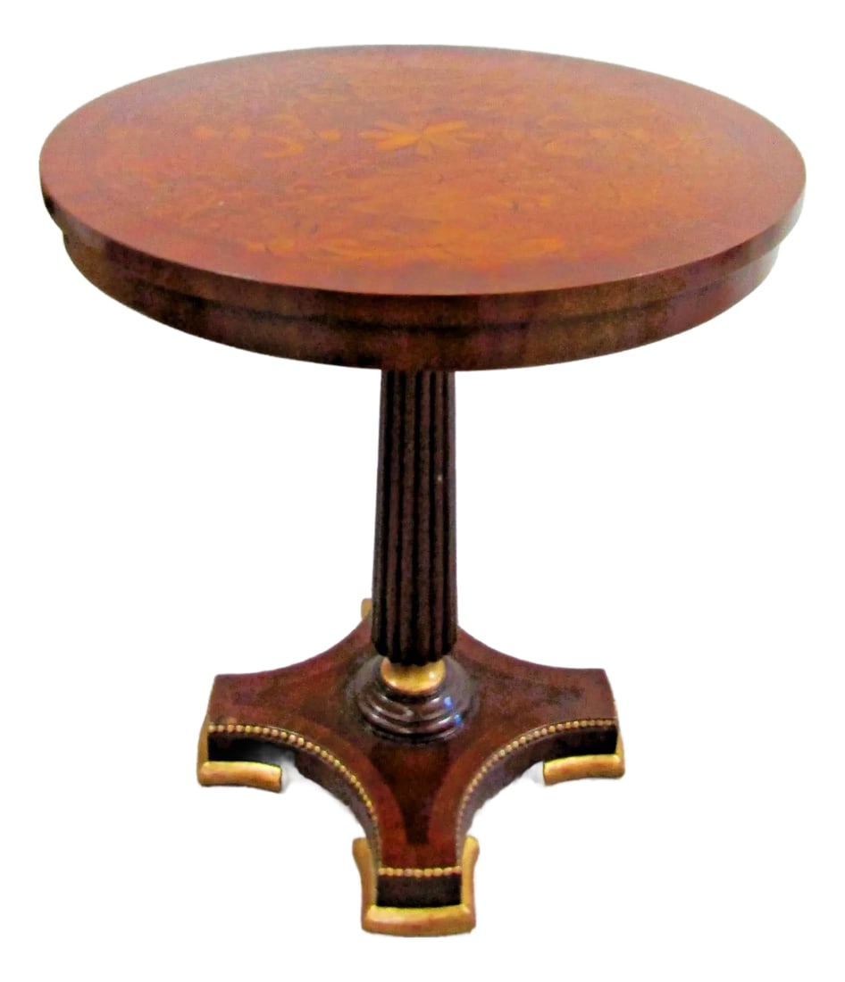 1990s Maitland-Smith Empire Pedestal Based Inlaid Marquetry Top Occasional Table: The Maitland-Smith Empire Pedestal Based Inlaid Marquetry Top Occasional Table is a stylish and elegant piece of furniture perfect for any room in your home. This round table features a beautiful