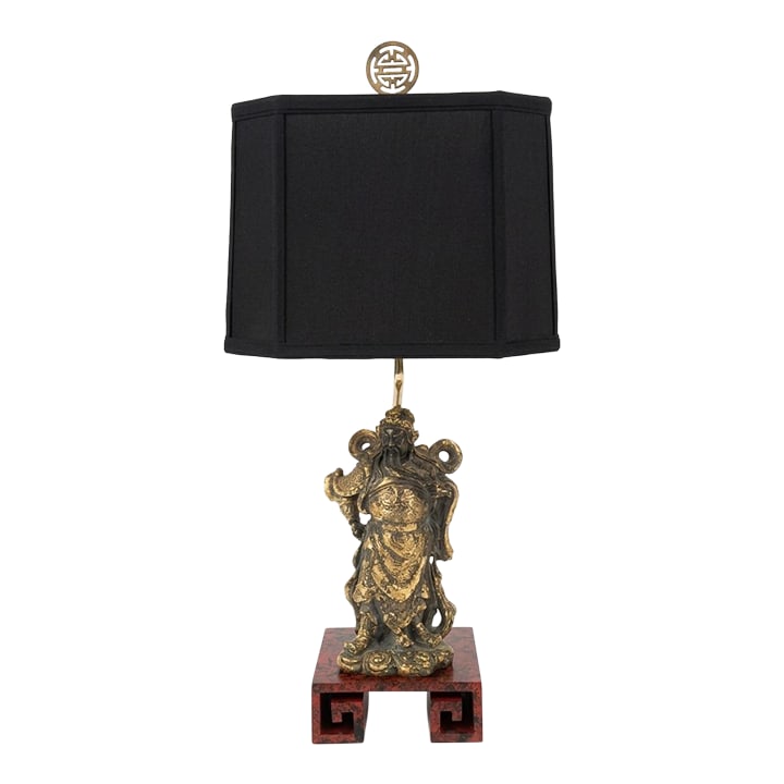 Vintage Tony Duquette Style Bespoke Parcel Gilt Guan Yu Table Lamp by Turtle & Crane -Newly Painted: This bespoke Turtle and Crane masterpiece brings theatrical presence and historical narrative into a beautifully balanced, high-gloss reality. Hand-carved from wood and meticulously cast in resin,