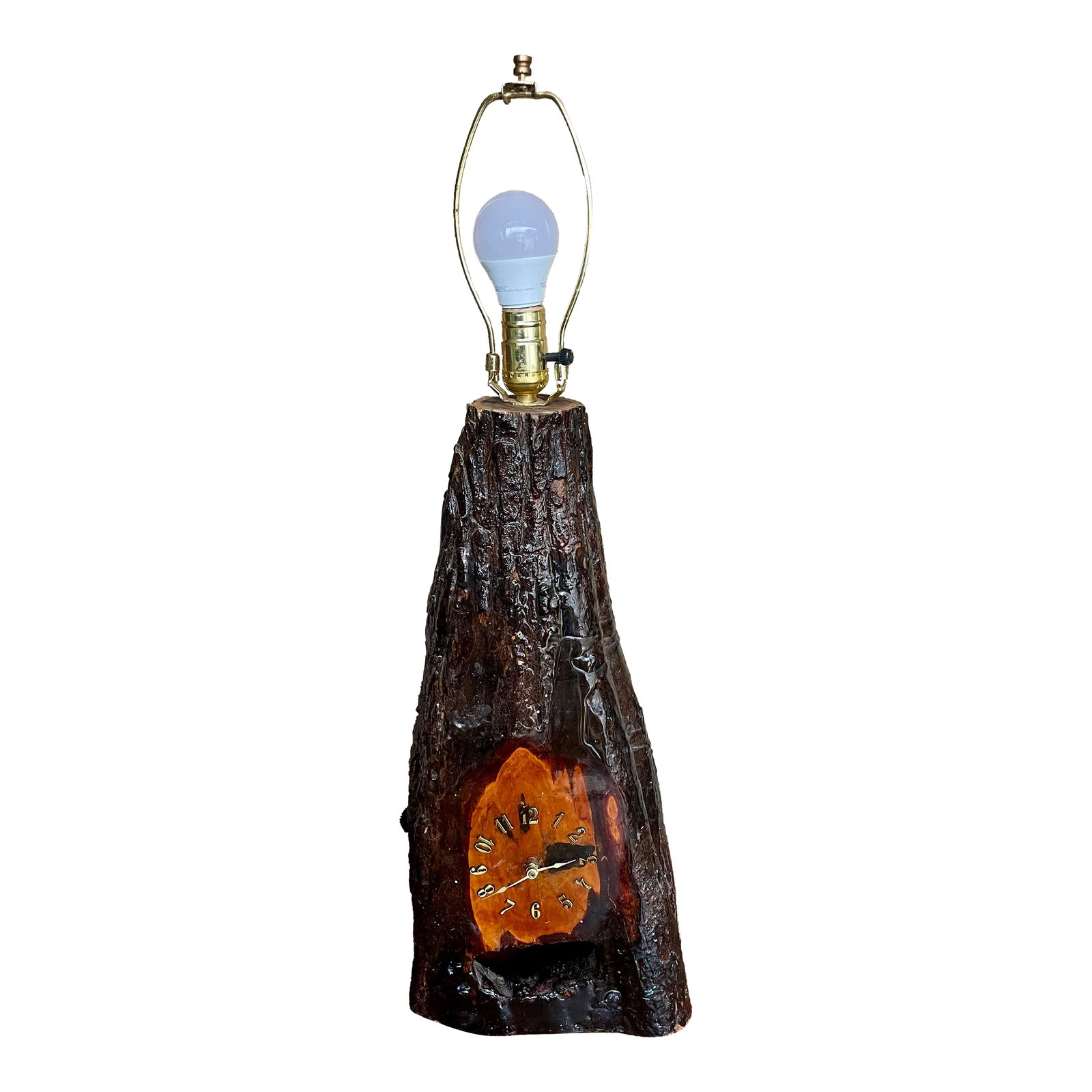 Mid 20th Century Adirondack Cabin Rustic Style Handmade Burl Wood Table Lamp Bark Clock Lacquered: Here is a fantastic table lamp with a clock on the front handcrafted from a burl and heavily lacquered to retain the wood bark. It would work perfectly with rustic or Adirondack style of decor that