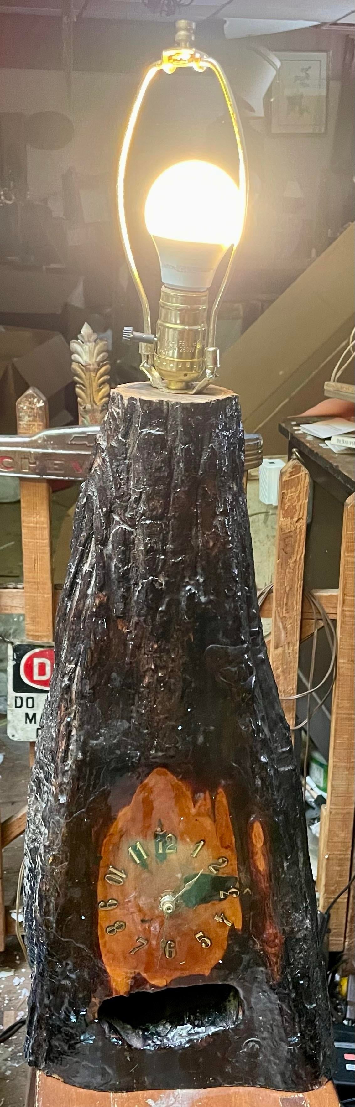 Mid 20th Century Adirondack Cabin Rustic Style Handmade Burl Wood Table Lamp Bark Clock Lacquered - 2