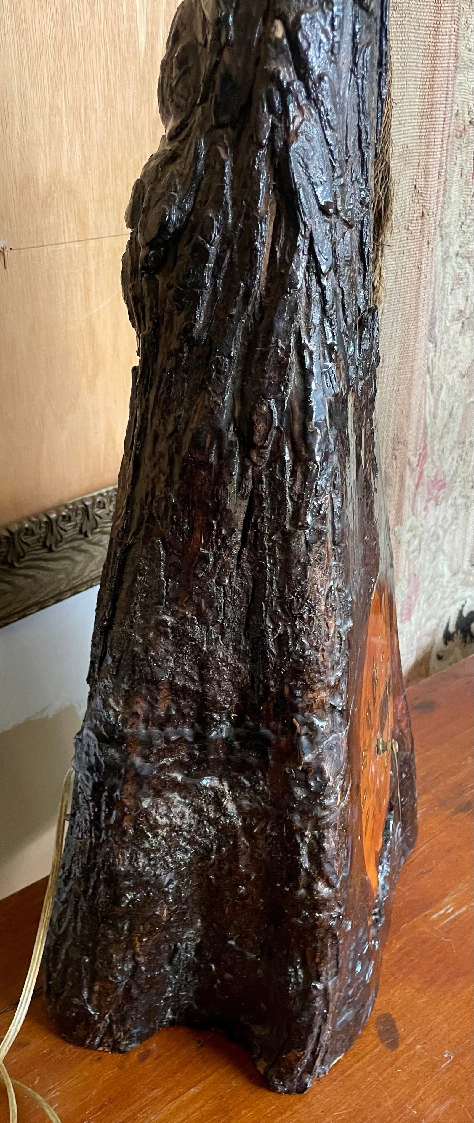 Mid 20th Century Adirondack Cabin Rustic Style Handmade Burl Wood Table Lamp Bark Clock Lacquered - 4