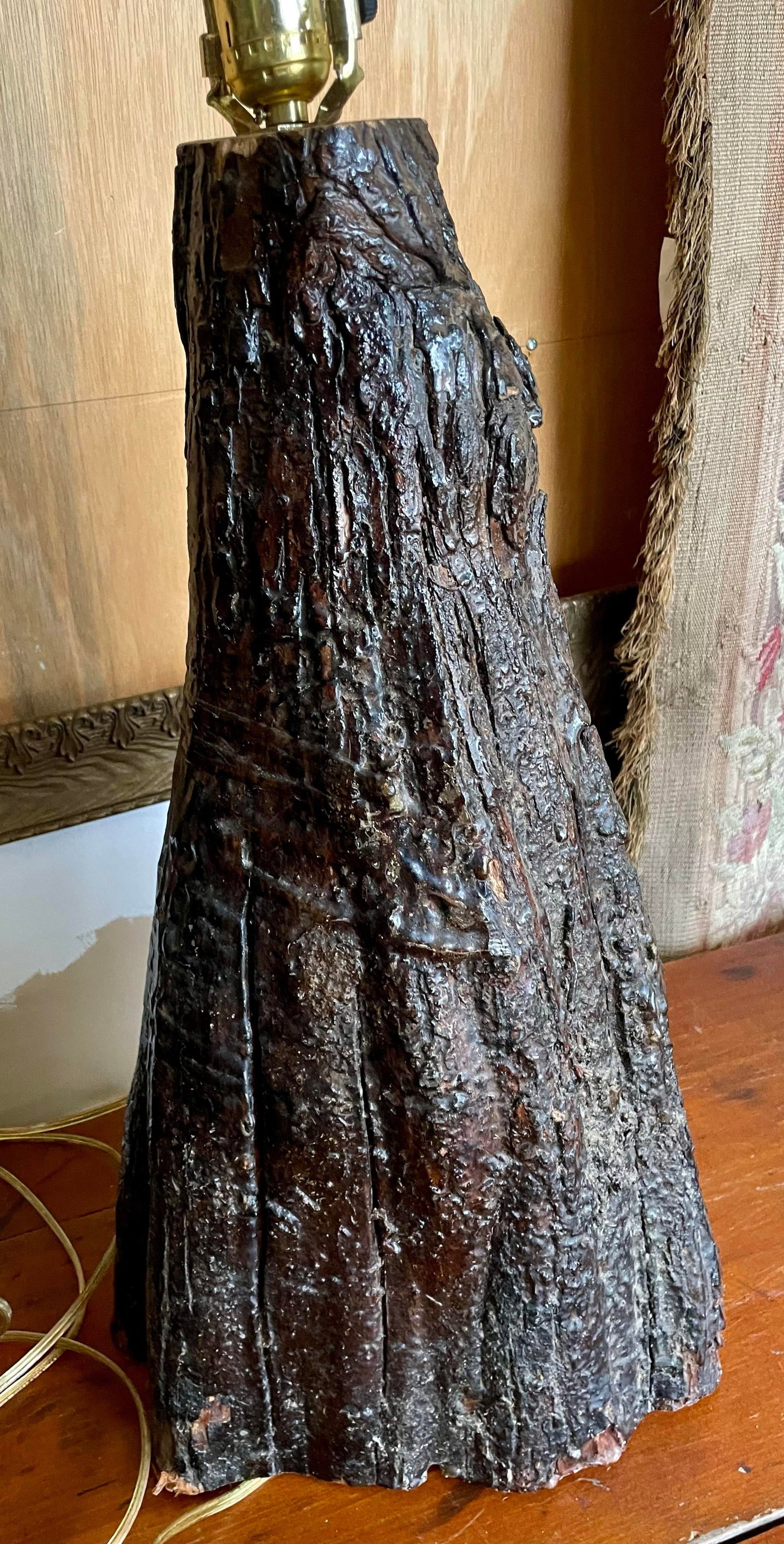 Mid 20th Century Adirondack Cabin Rustic Style Handmade Burl Wood Table Lamp Bark Clock Lacquered - 5