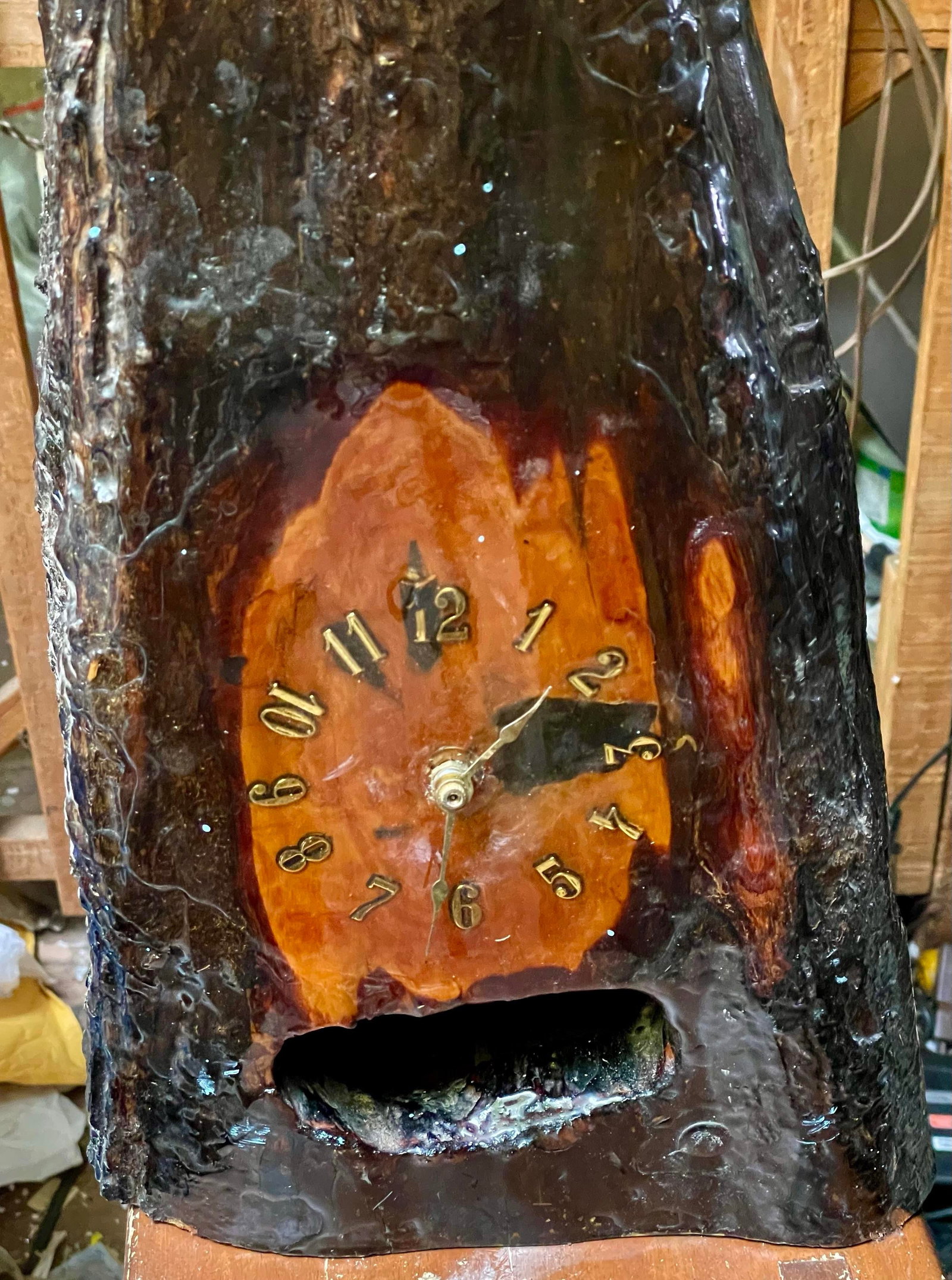 Mid 20th Century Adirondack Cabin Rustic Style Handmade Burl Wood Table Lamp Bark Clock Lacquered - 9