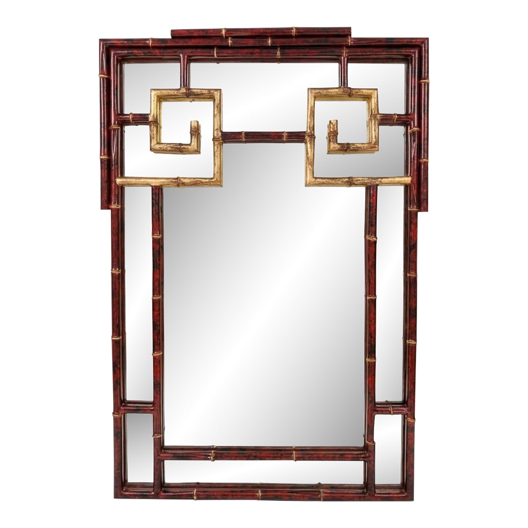 Vintage Palm Beach Regency Newly Painted Red Faux Tortoiseshell & Parcel Gilt Wall Mirror: Turning the Past into Stunning Decor for Today. For the collector who understands that walls demand more than just reflection; they demand theatricality. This bespoke Turtle and Crane masterpiece