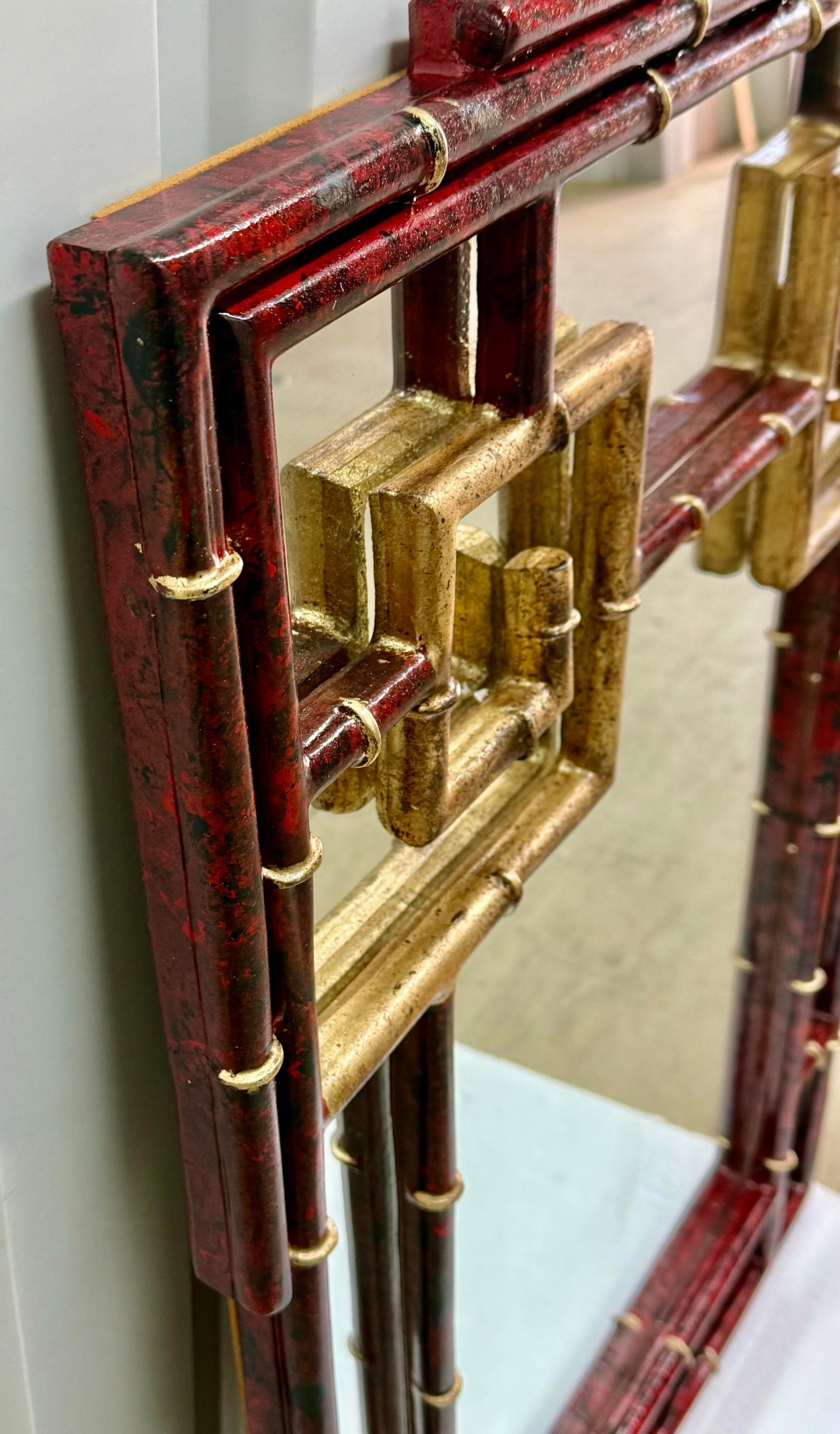 Vintage Palm Beach Regency Newly Painted Red Faux Tortoiseshell & Parcel Gilt Wall Mirror - 4