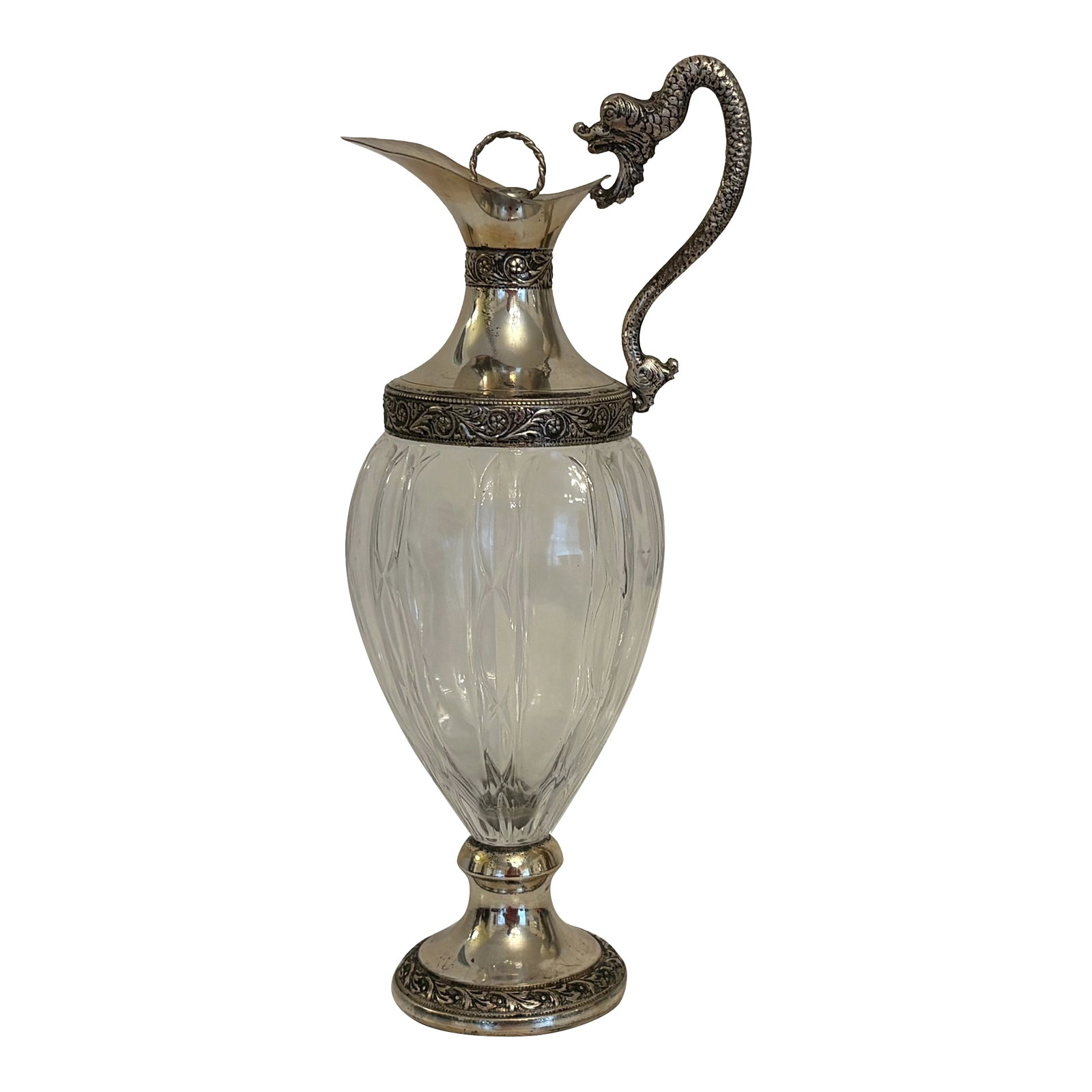 1950's Vintage Brandy Decanter: Commissioned by the distaillary of Buton in Bologna, Italy in the 1950's to serve Vecchia Romagna brandy,. Thia hand crafted cut crystal glass with ornate silver plated brass including a handle shape 