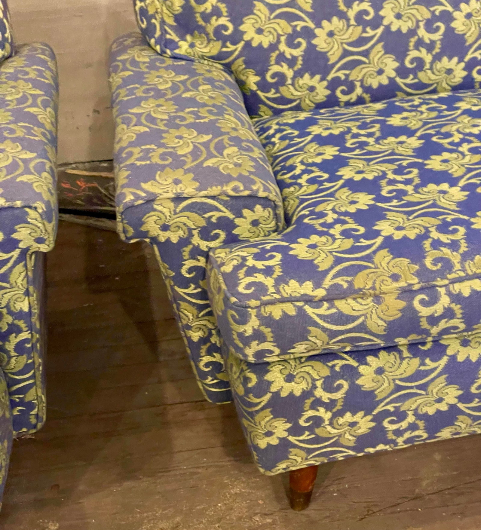 Mid 20th Century Blue Shiny & Matt Lime Green Floral Upholstery Club Lounge Chair - 12