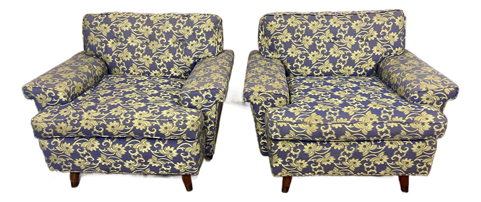 Mid 20th Century Blue Shiny & Matt Lime Green Floral Upholstery Club Lounge Chair: These chairs have an amazing mid century low squat design and floral pattern upholstery with a light purple/blue background and very light shiny and matt lime green repeating flower in a flowing