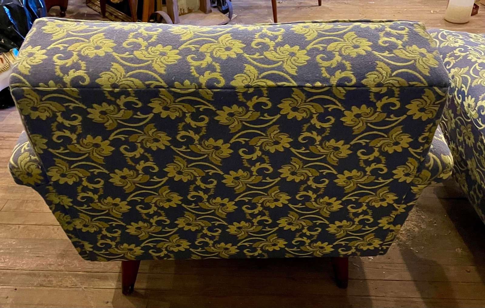 Mid 20th Century Blue Shiny & Matt Lime Green Floral Upholstery Club Lounge Chair - 3